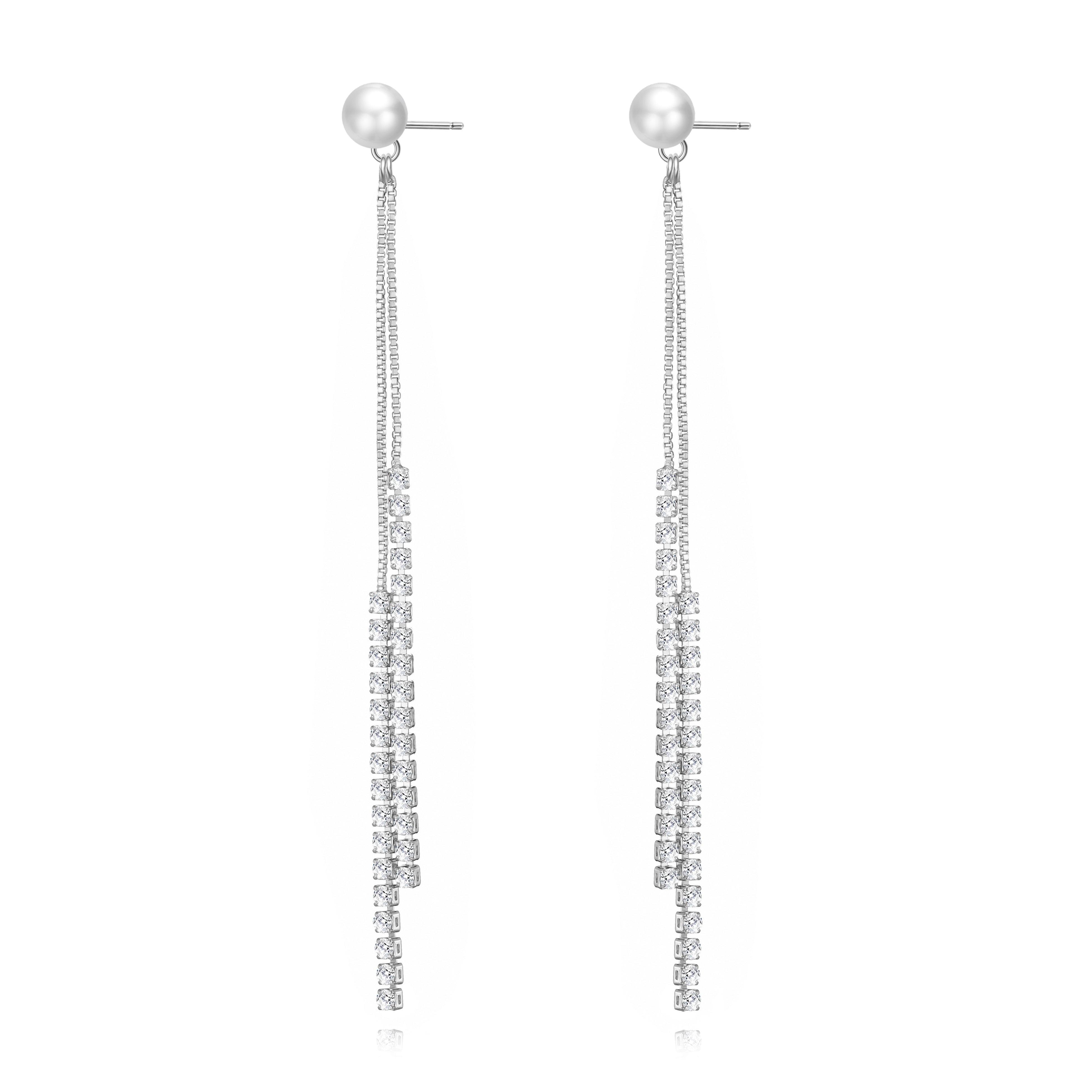 Silver Plated Pearl Dangle Earrings Created with Zircondia® Crystals by Philip Jones Jewellery