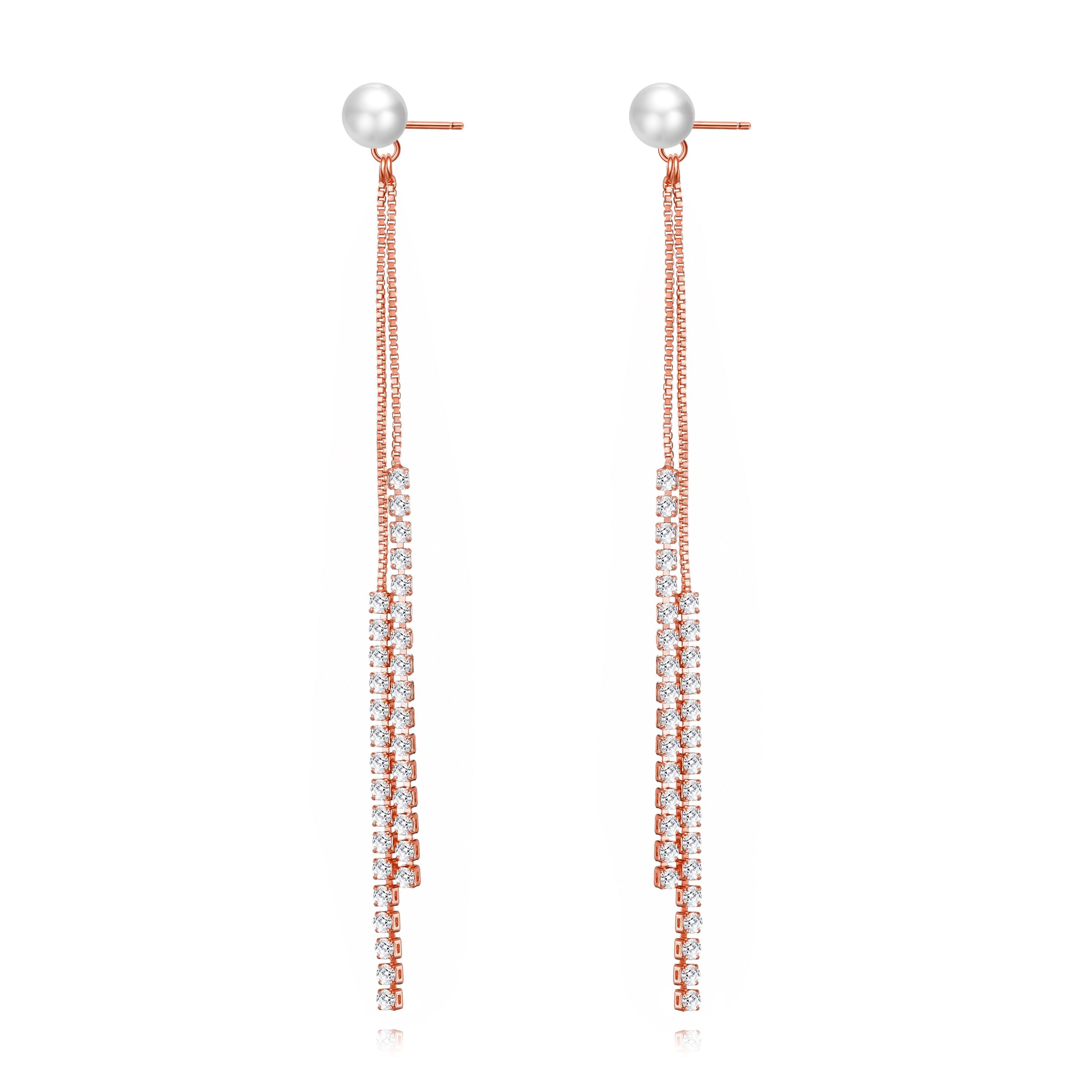 Rose Gold Plated Pearl Dangle Earrings Created with Zircondia® Crystals by Philip Jones Jewellery