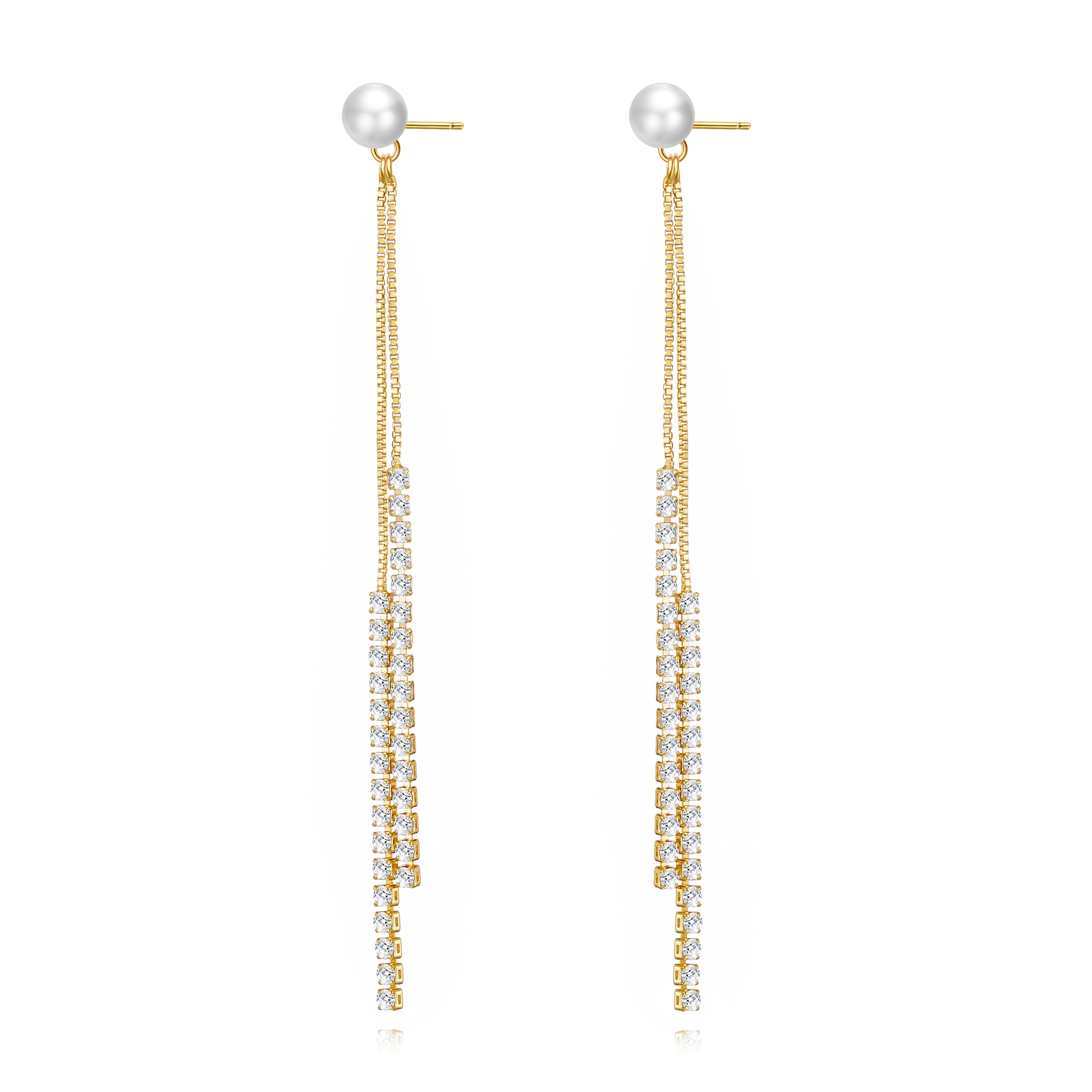 Gold Plated Pearl Dangle Earrings Created with Zircondia® Crystals by Philip Jones Jewellery