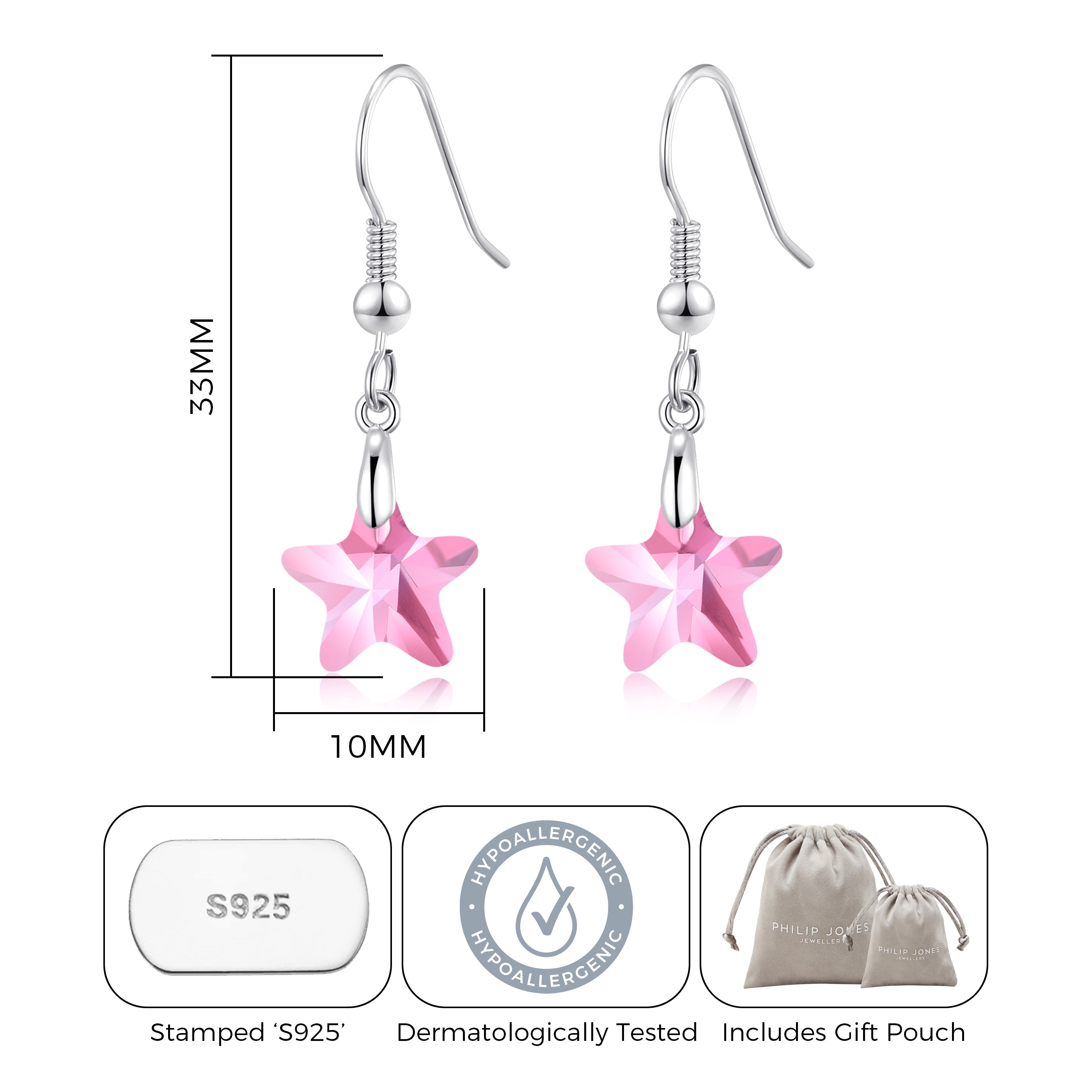 Sterling Silver Light Rose Star Earrings Created with Zircondia® Crystals