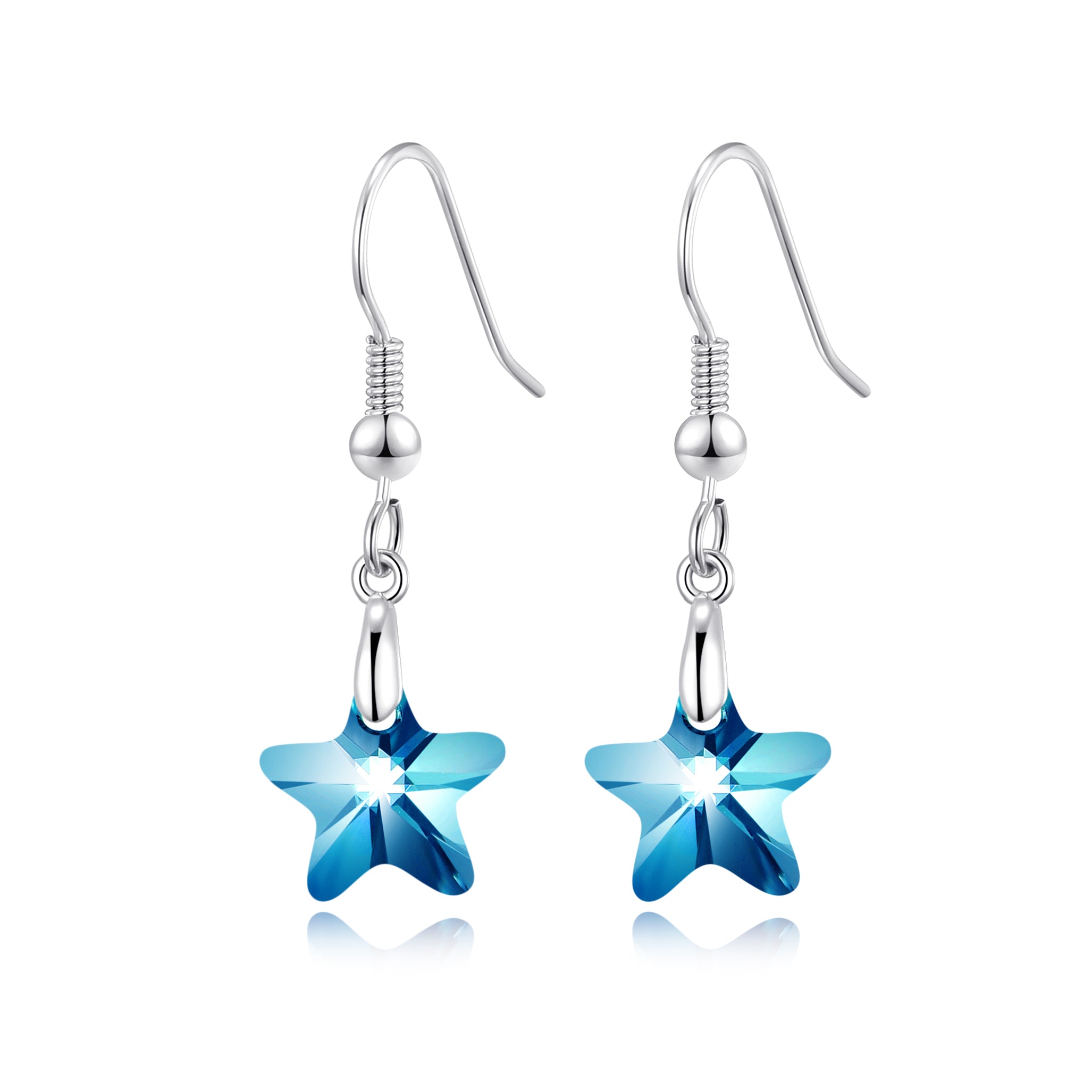 Sterling Silver Aquamarine Star Earrings Created with Zircondia® Crystals by Philip Jones Jewellery