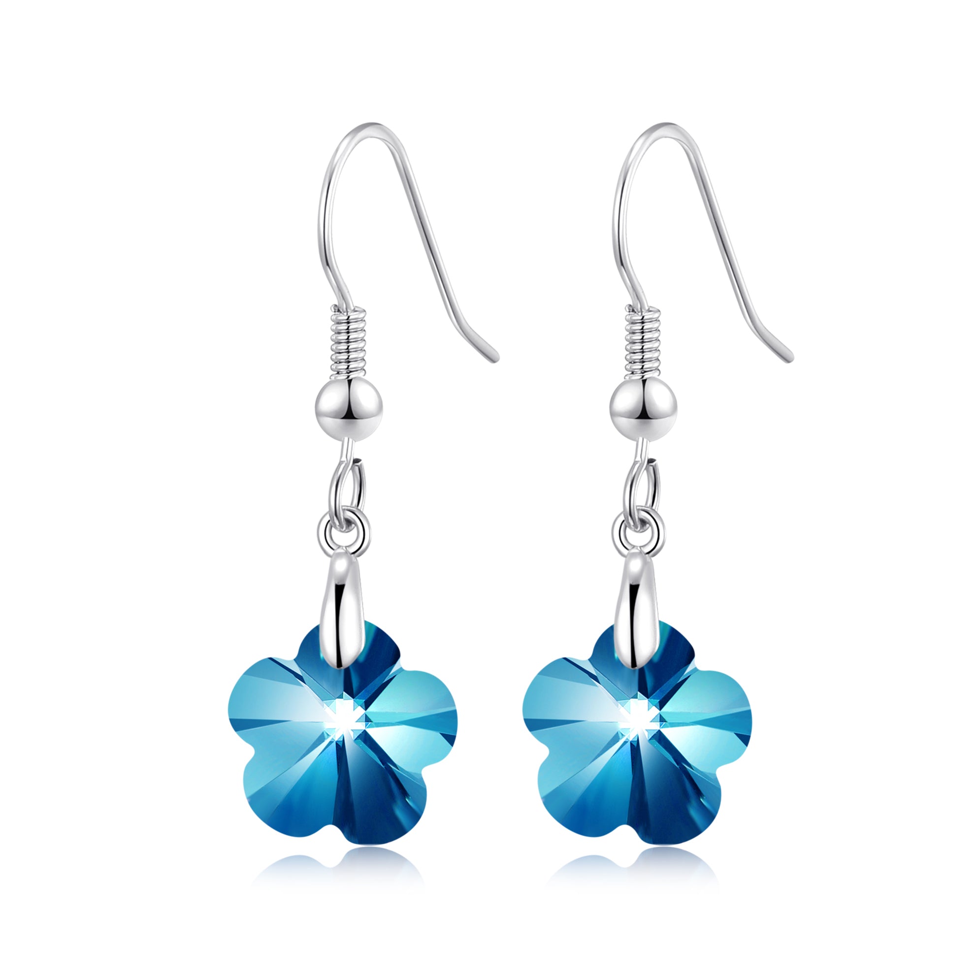 Sterling Silver Aquamarine Flower Earrings Created with Zircondia® Crystals by Philip Jones Jewellery