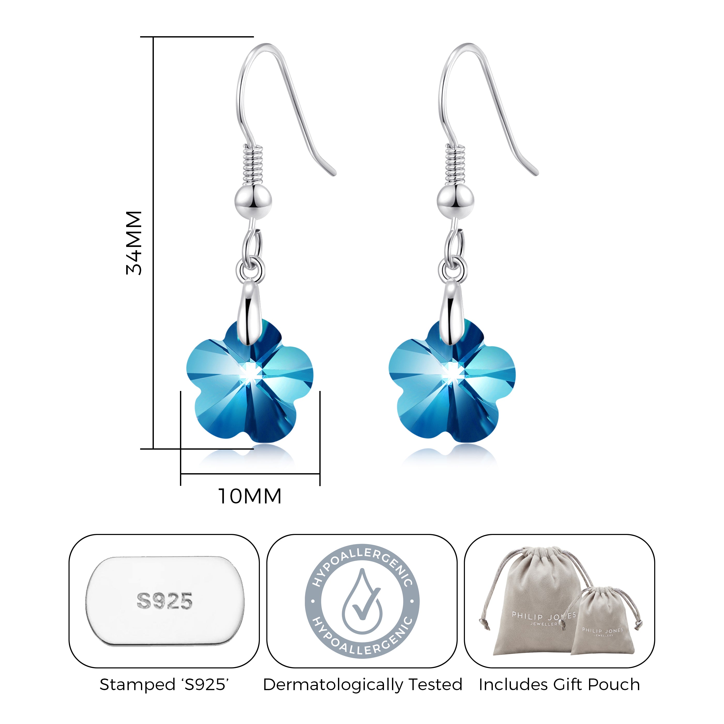 Sterling Silver Aquamarine Flower Earrings Created with Zircondia® Crystals