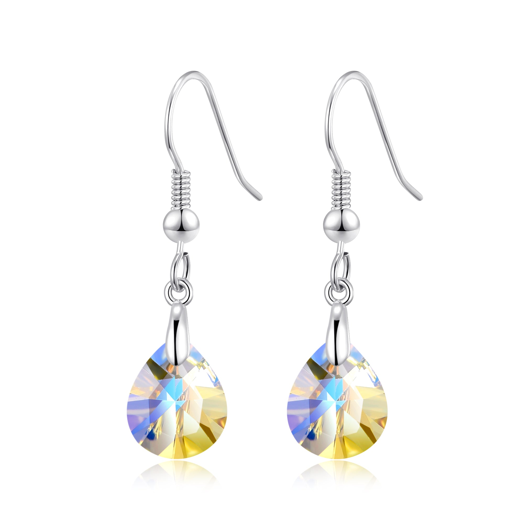 Sterling Silver Aurora Borealis Pear Earrings Created with Zircondia® Crystals by Philip Jones Jewellery