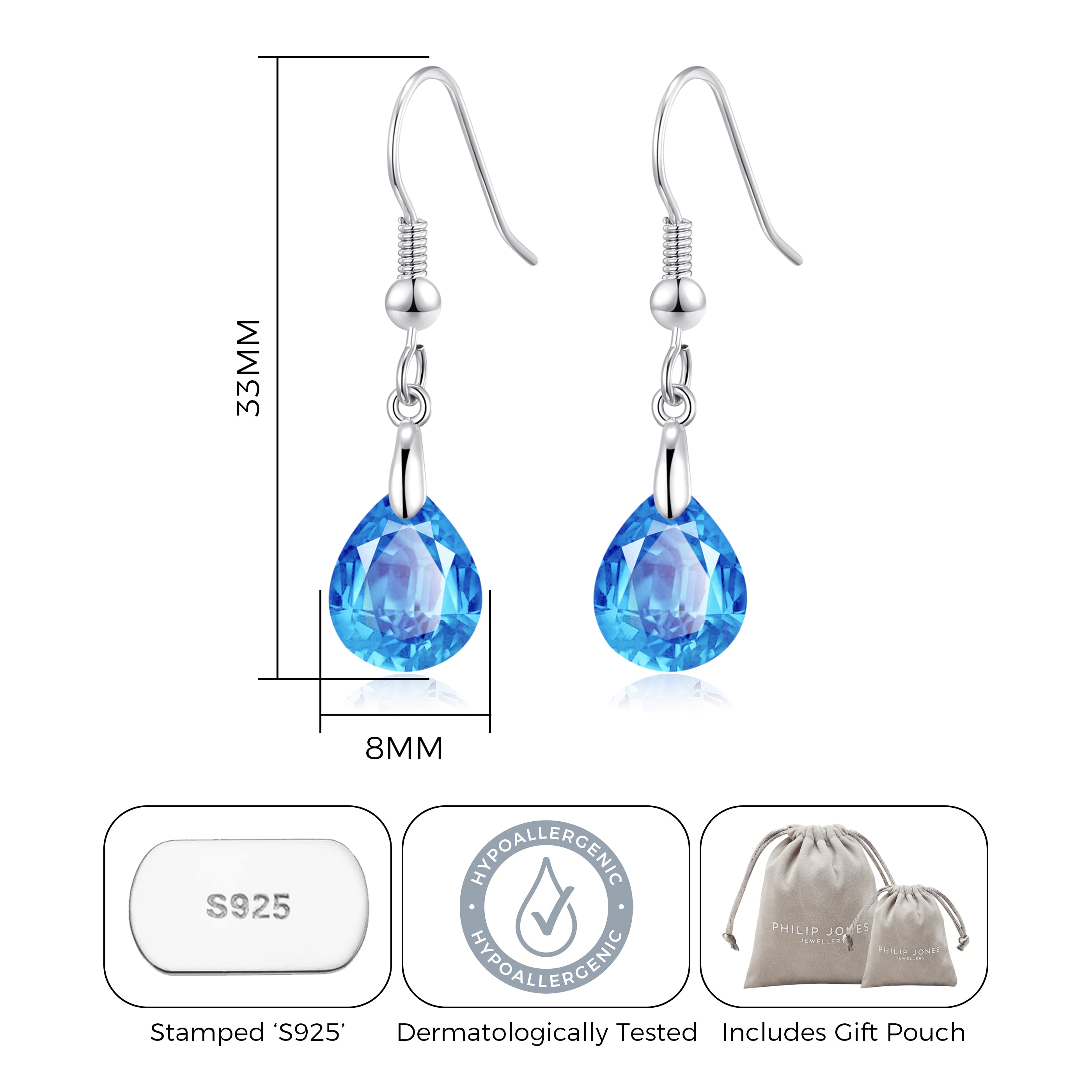 Sterling Silver Aquamarine Pear Earrings Created with Zircondia® Crystals