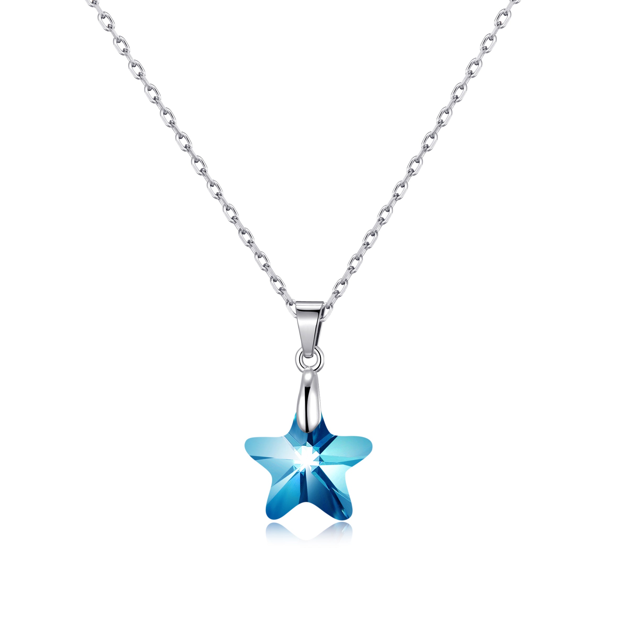 Sterling Silver Aquamarine Star Necklace Created with Zircondia® Crystals by Philip Jones Jewellery