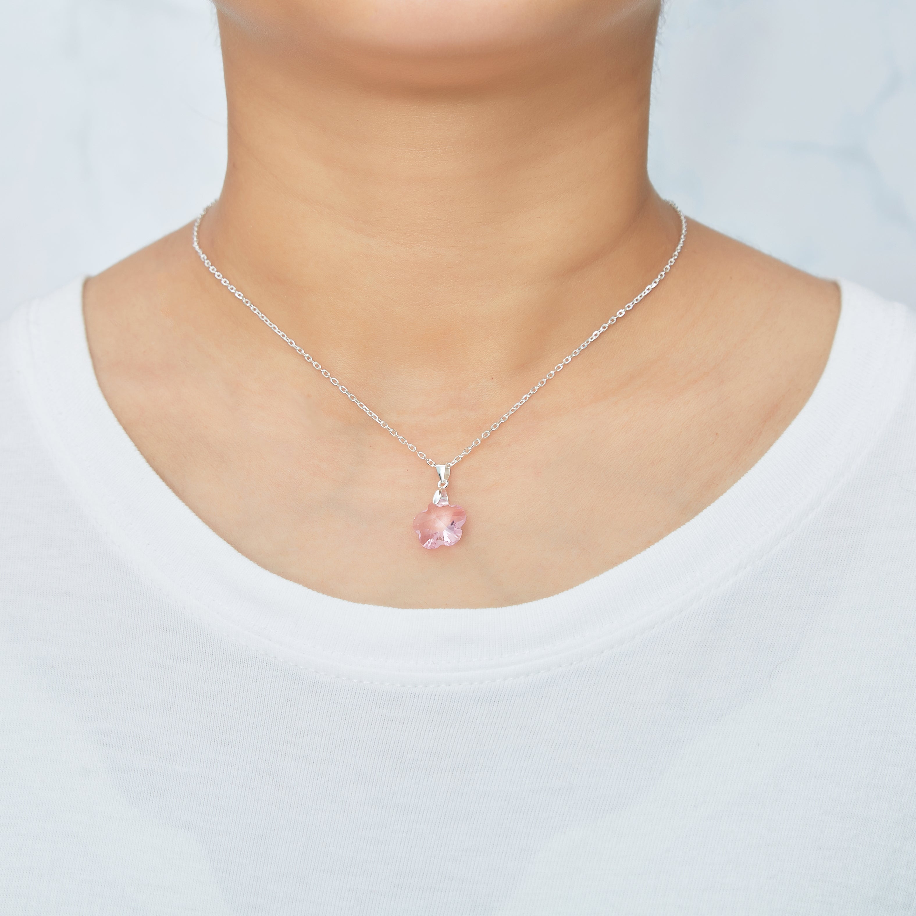 Sterling Silver Light Rose Flower Necklace Created with Zircondia® Crystals