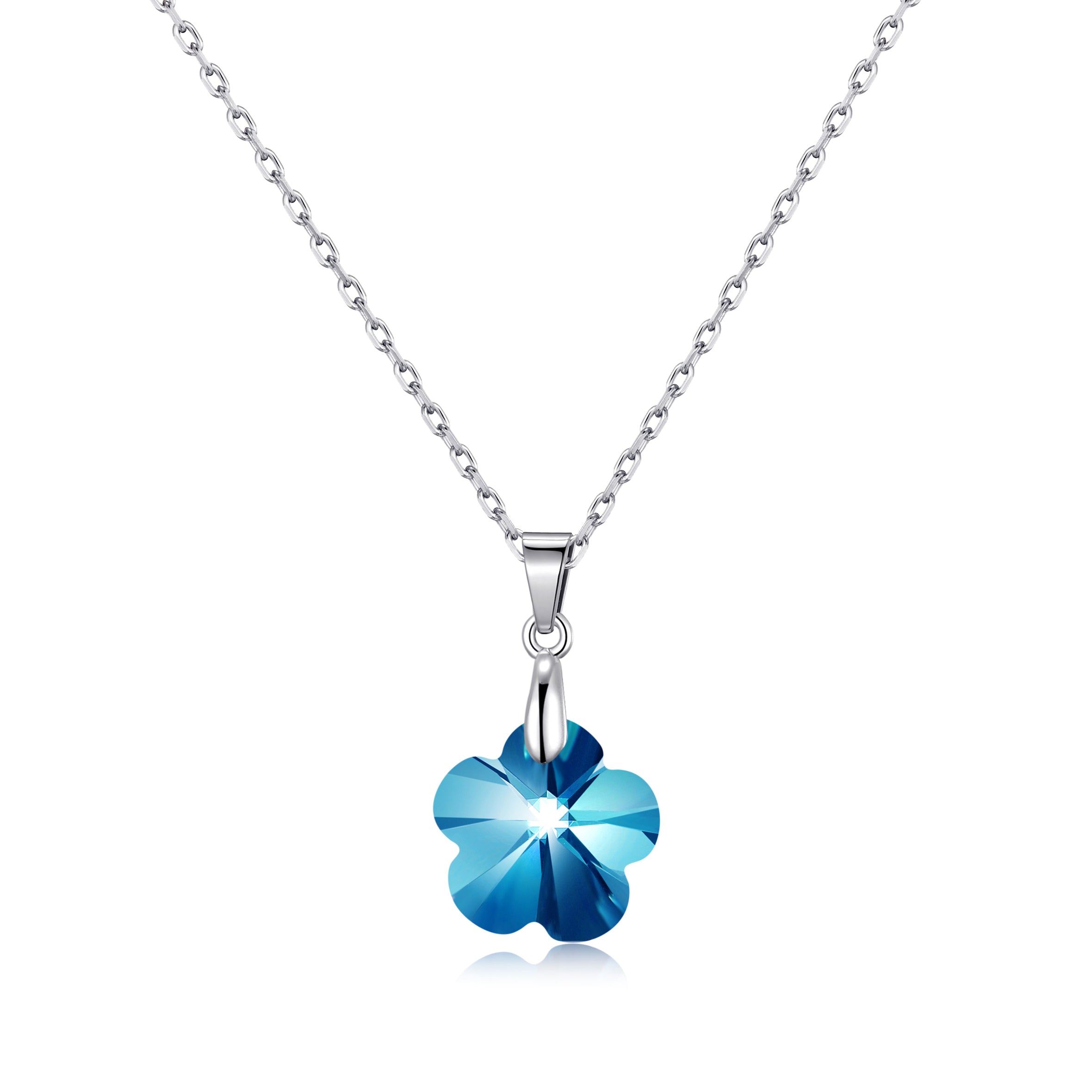 Sterling Silver Aquamarine Flower Necklace Created with Zircondia® Crystals by Philip Jones Jewellery