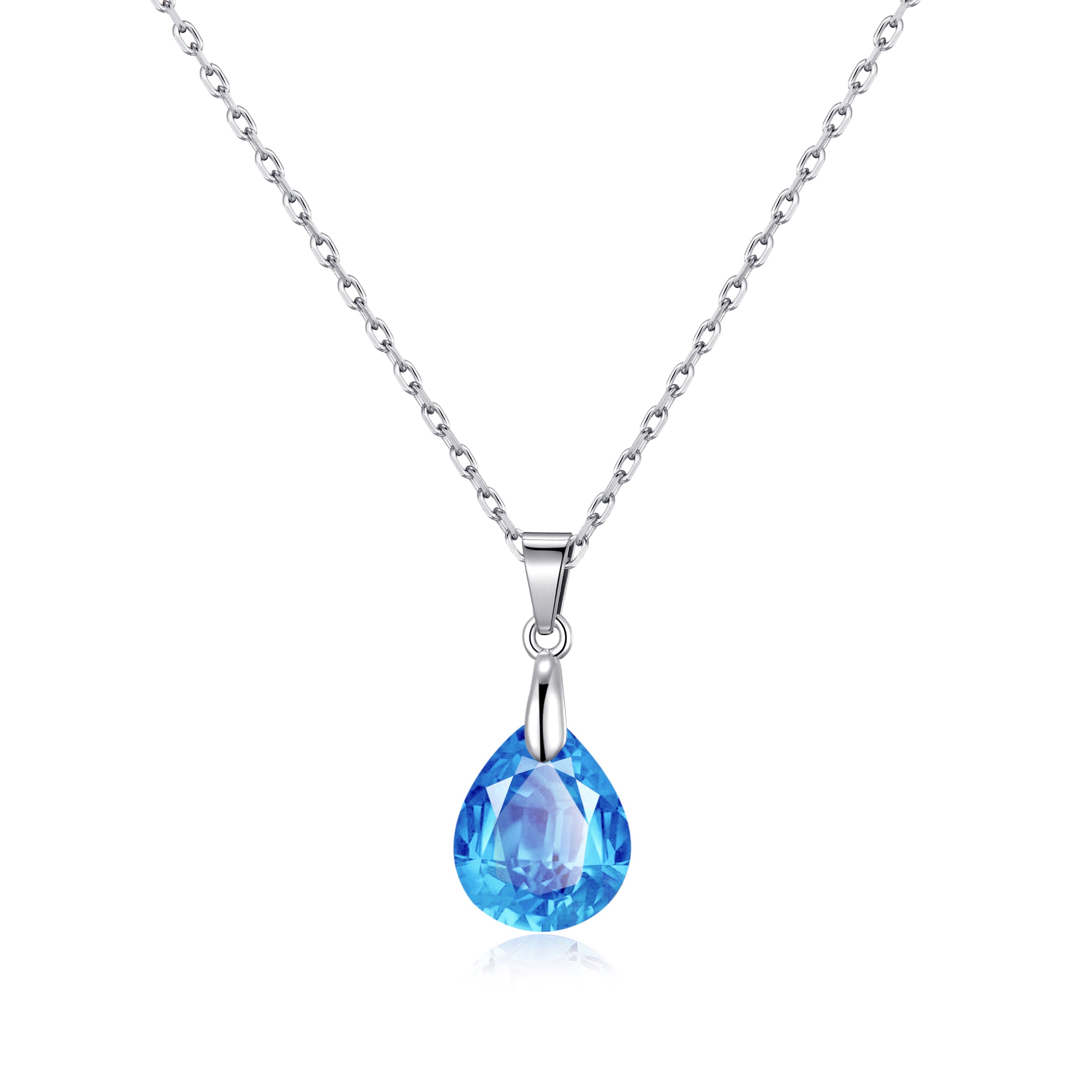 Sterling Silver Aquamarine Pear Necklace Created with Zircondia® Crystals by Philip Jones Jewellery