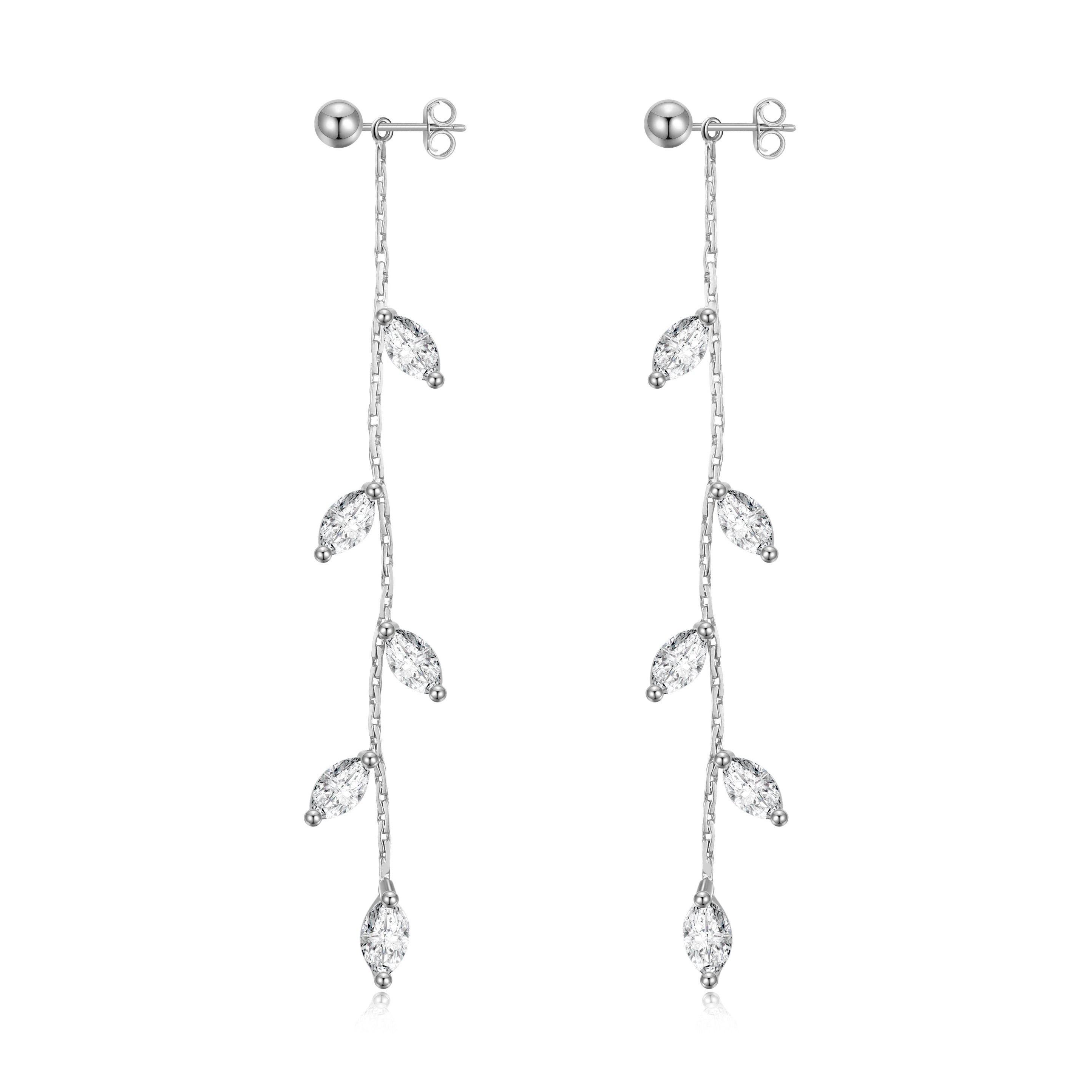 Silver Plated Leaf Dangle Earrings Created with Zircondia® Crystals by Philip Jones Jewellery