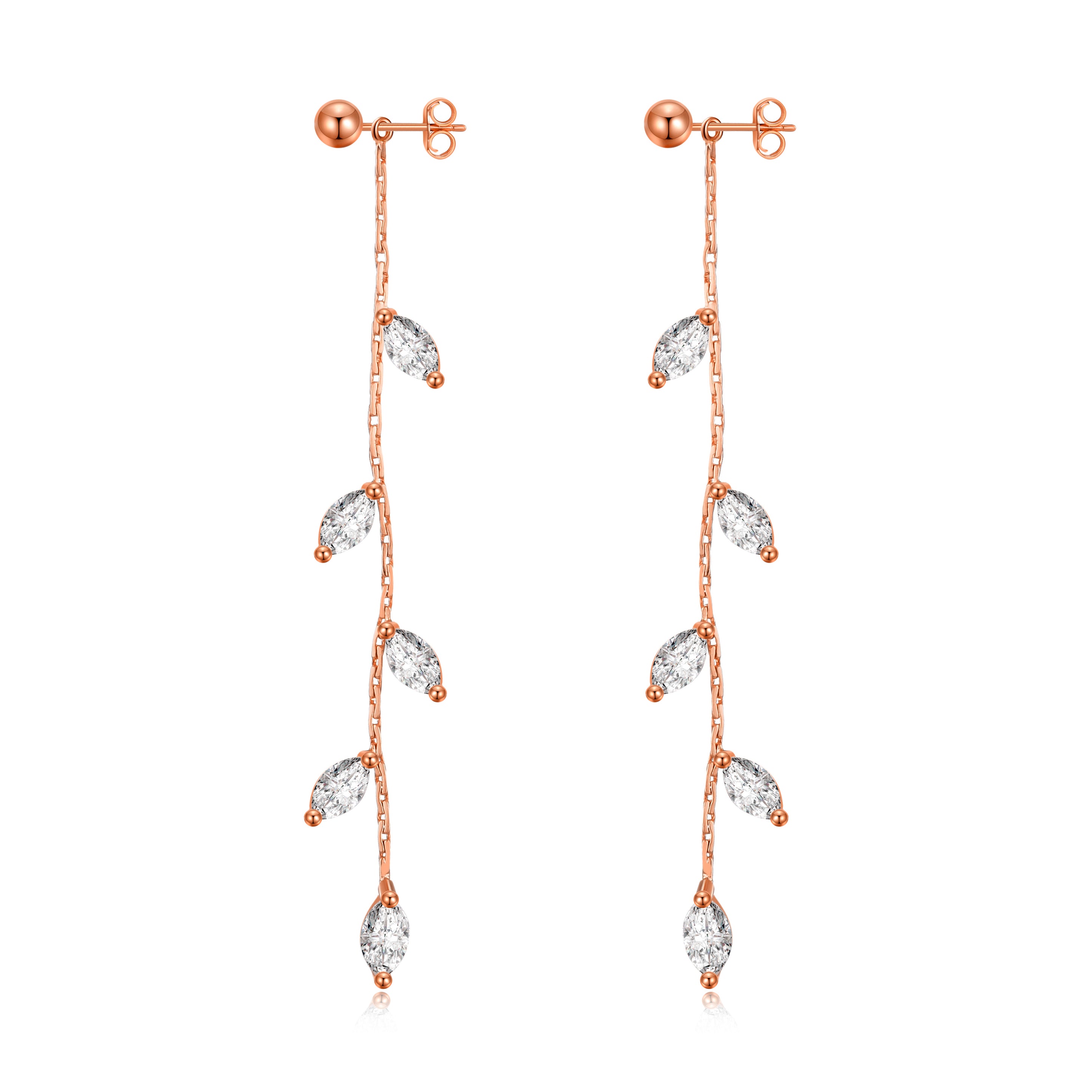 Rose Gold Plated Leaf Dangle Earrings Created with Zircondia® Crystals by Philip Jones Jewellery