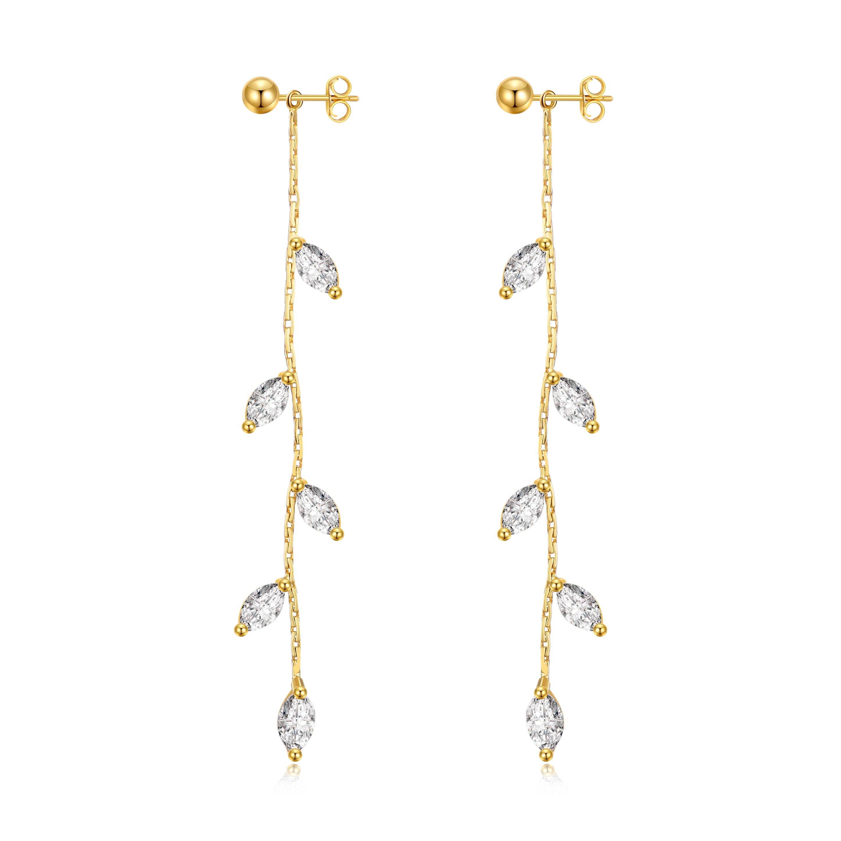 Gold Plated Leaf Dangle Earrings Created with Zircondia® Crystals by Philip Jones Jewellery