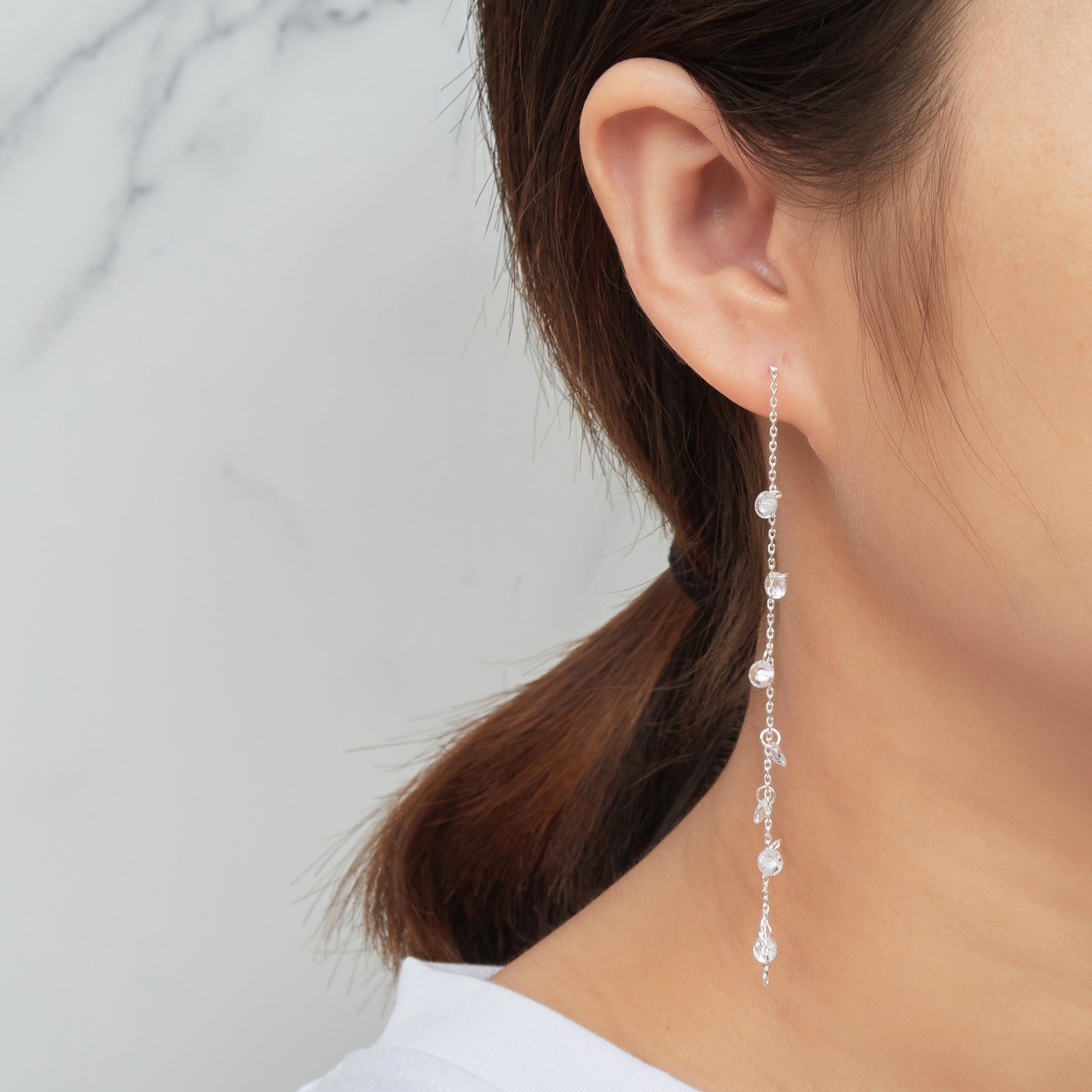 Silver Plated Dangle Thread Earrings Created with Zircondia® Crystals