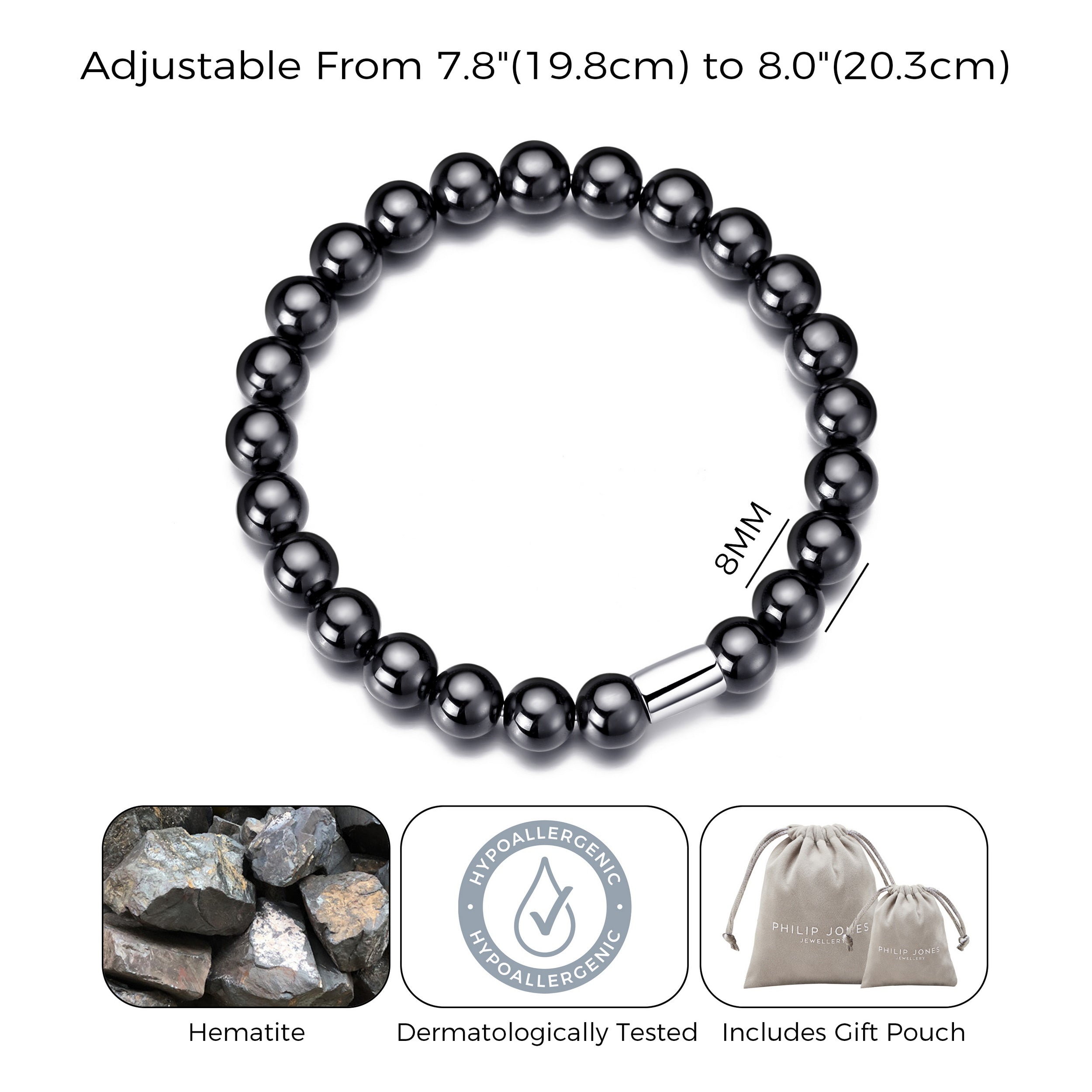 Men's Hematite Round Beaded Gemstone Stretch Bracelet