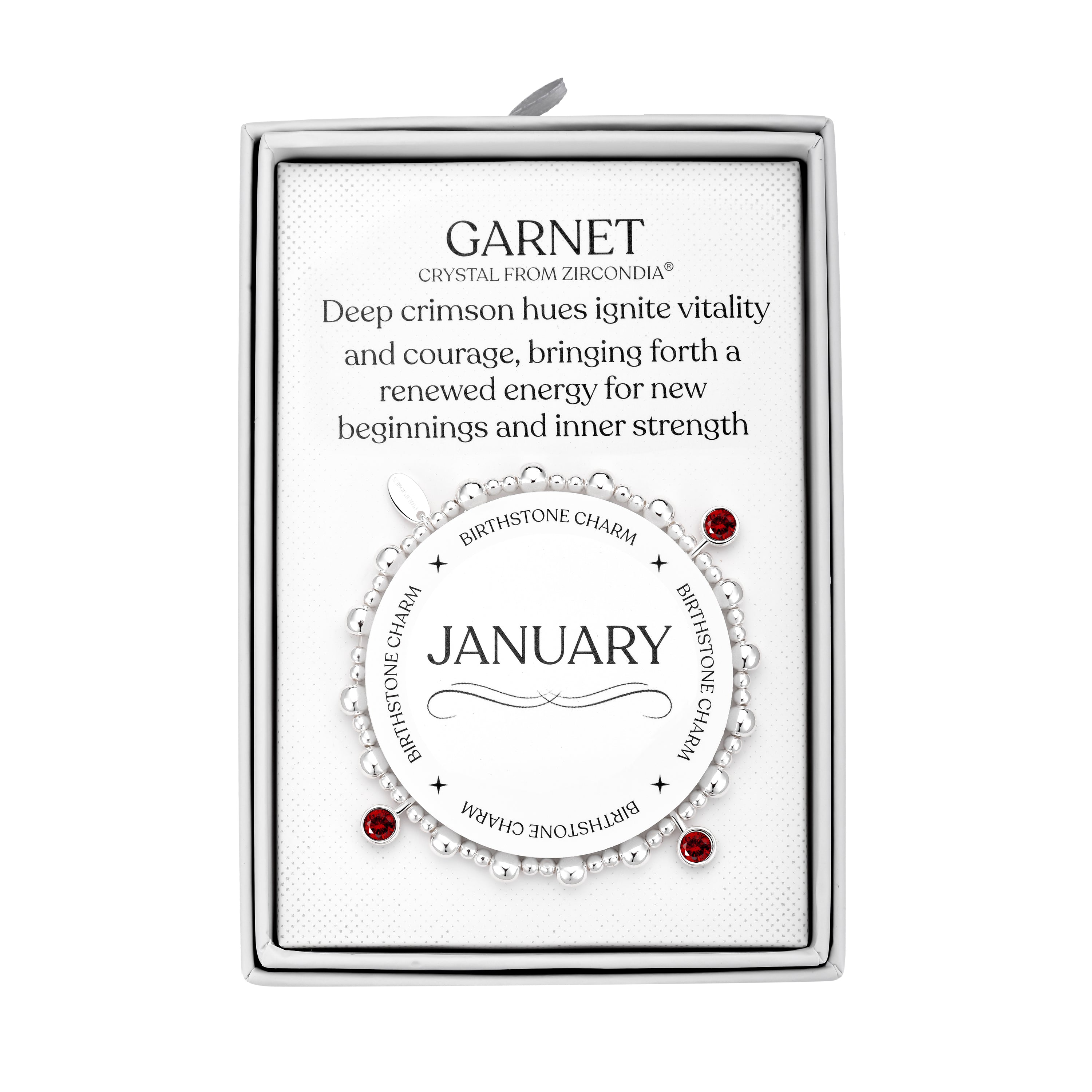 January (Garnet) Birthstone Stretch Charm Bracelet with Quote Gift Box by Philip Jones Jewellery