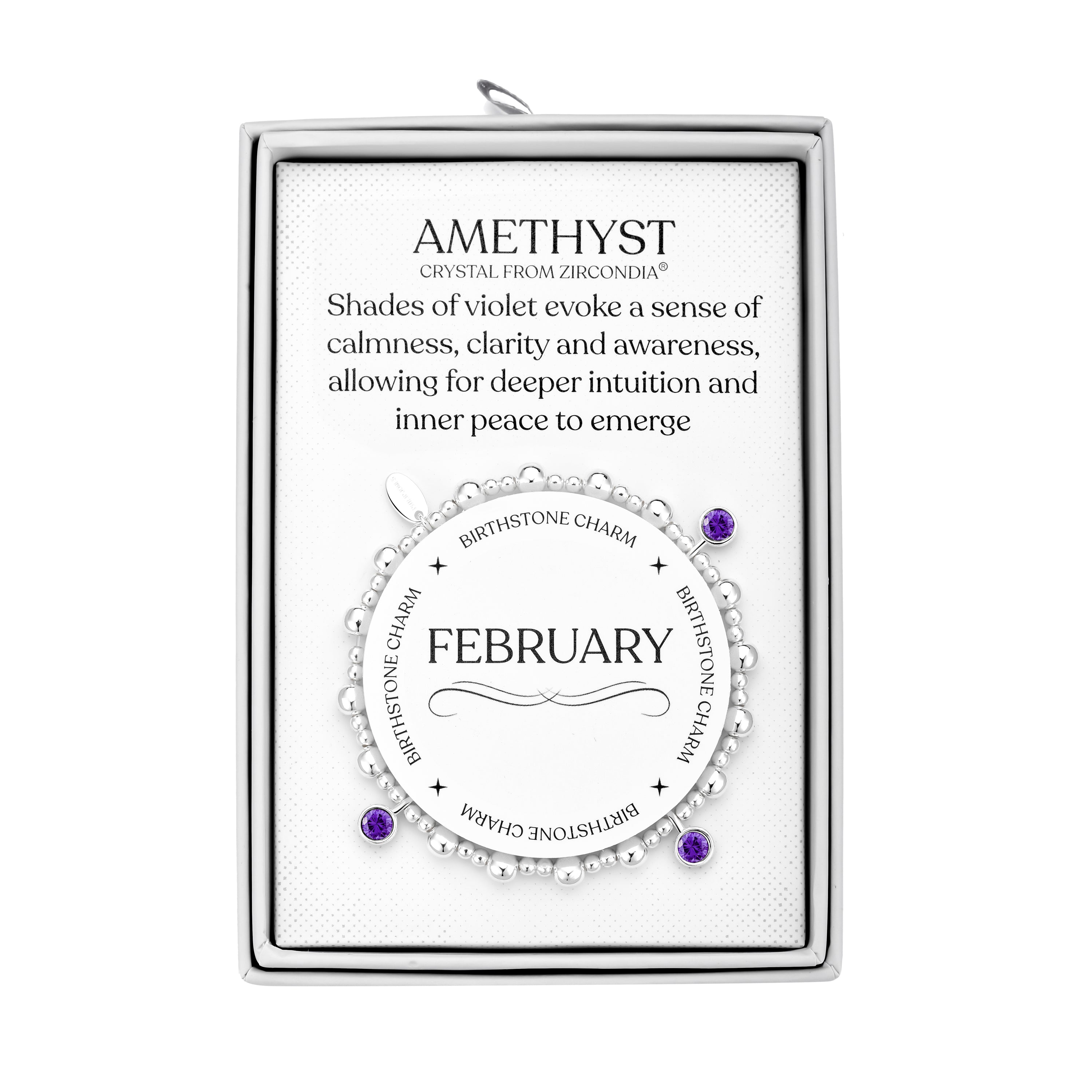 February (Amethyst) Birthstone Stretch Charm Bracelet with Quote Gift Box by Philip Jones Jewellery