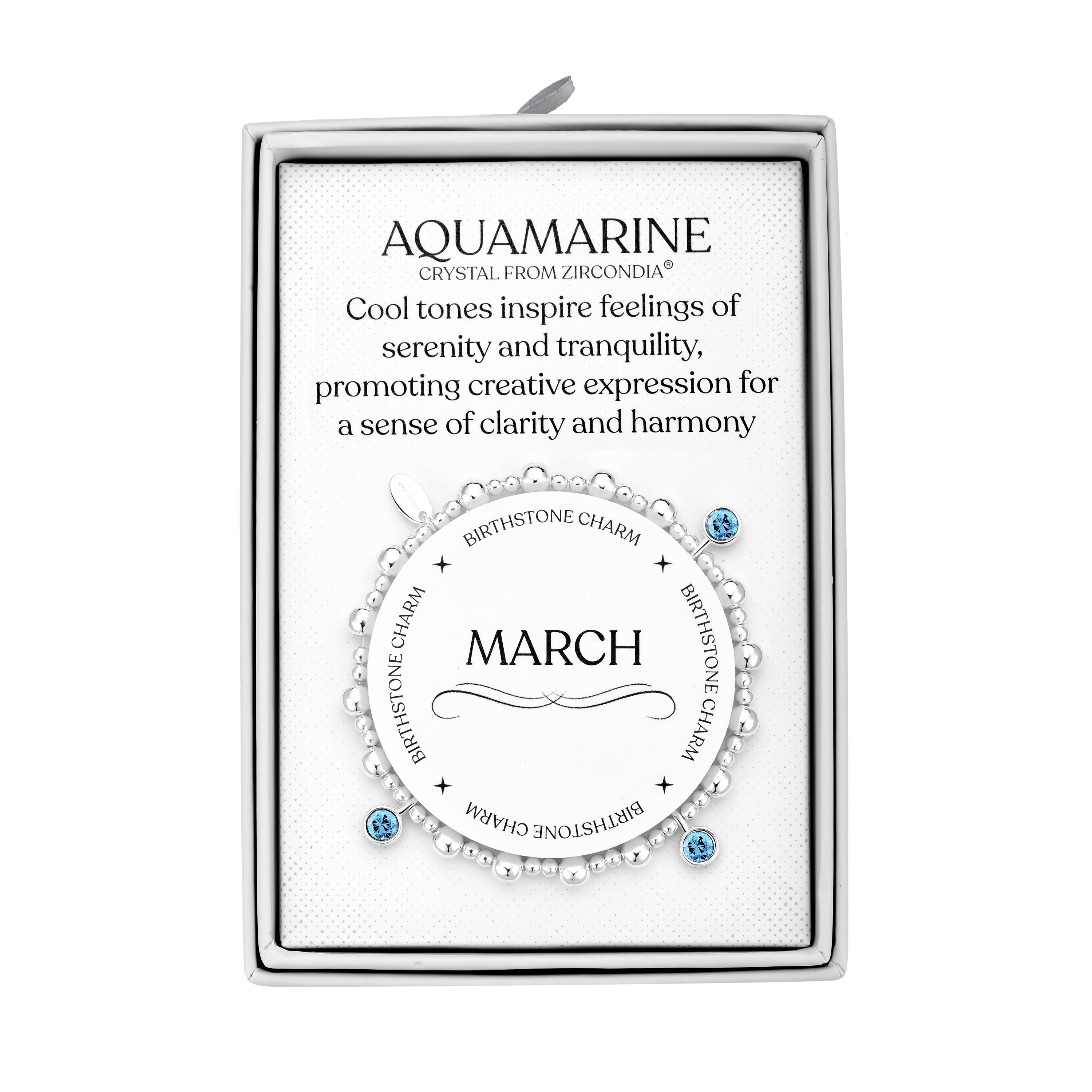March (Aquamarine) Birthstone Stretch Charm Bracelet with Quote Gift Box by Philip Jones Jewellery