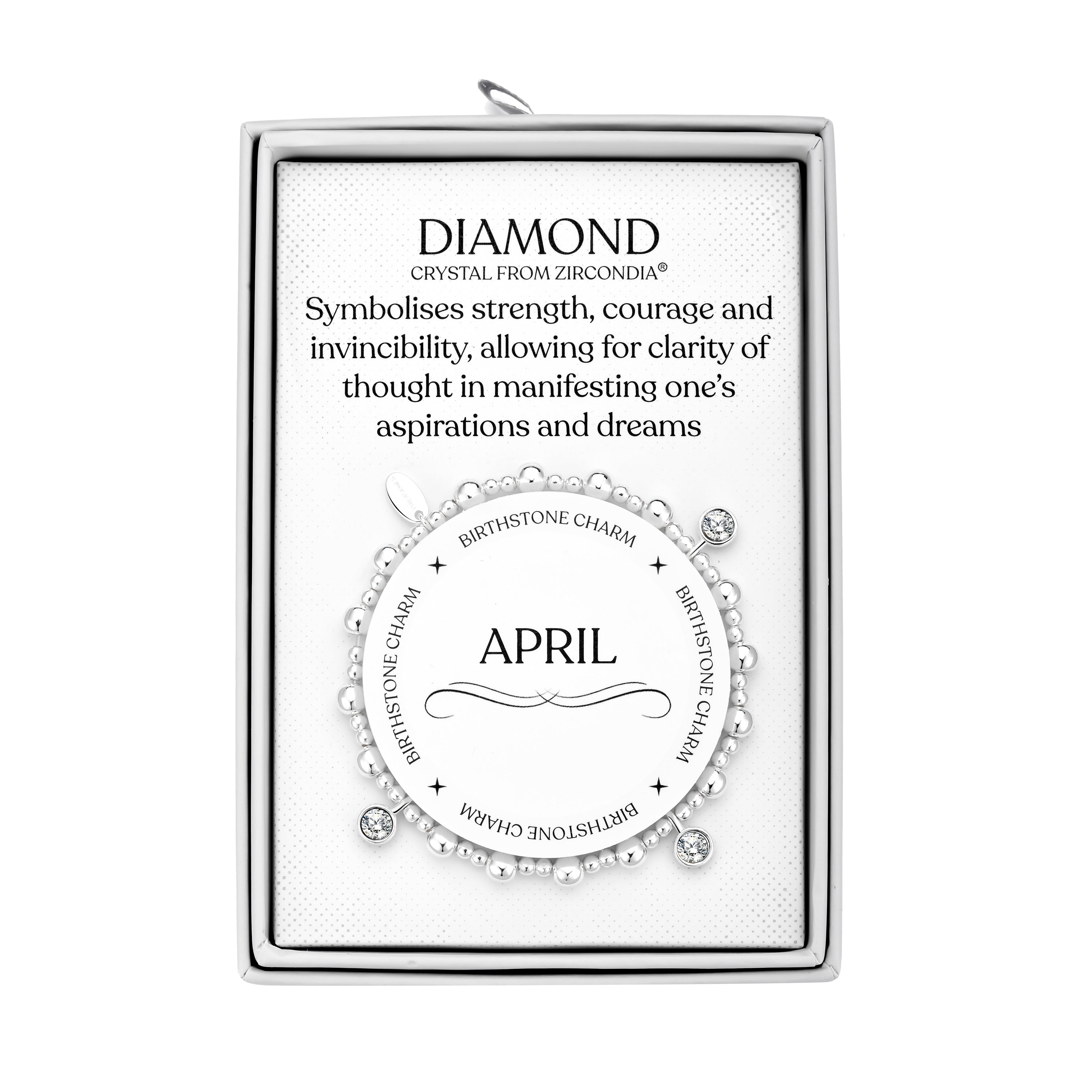 April (Diamond) Birthstone Stretch Charm Bracelet with Quote Gift Box by Philip Jones Jewellery