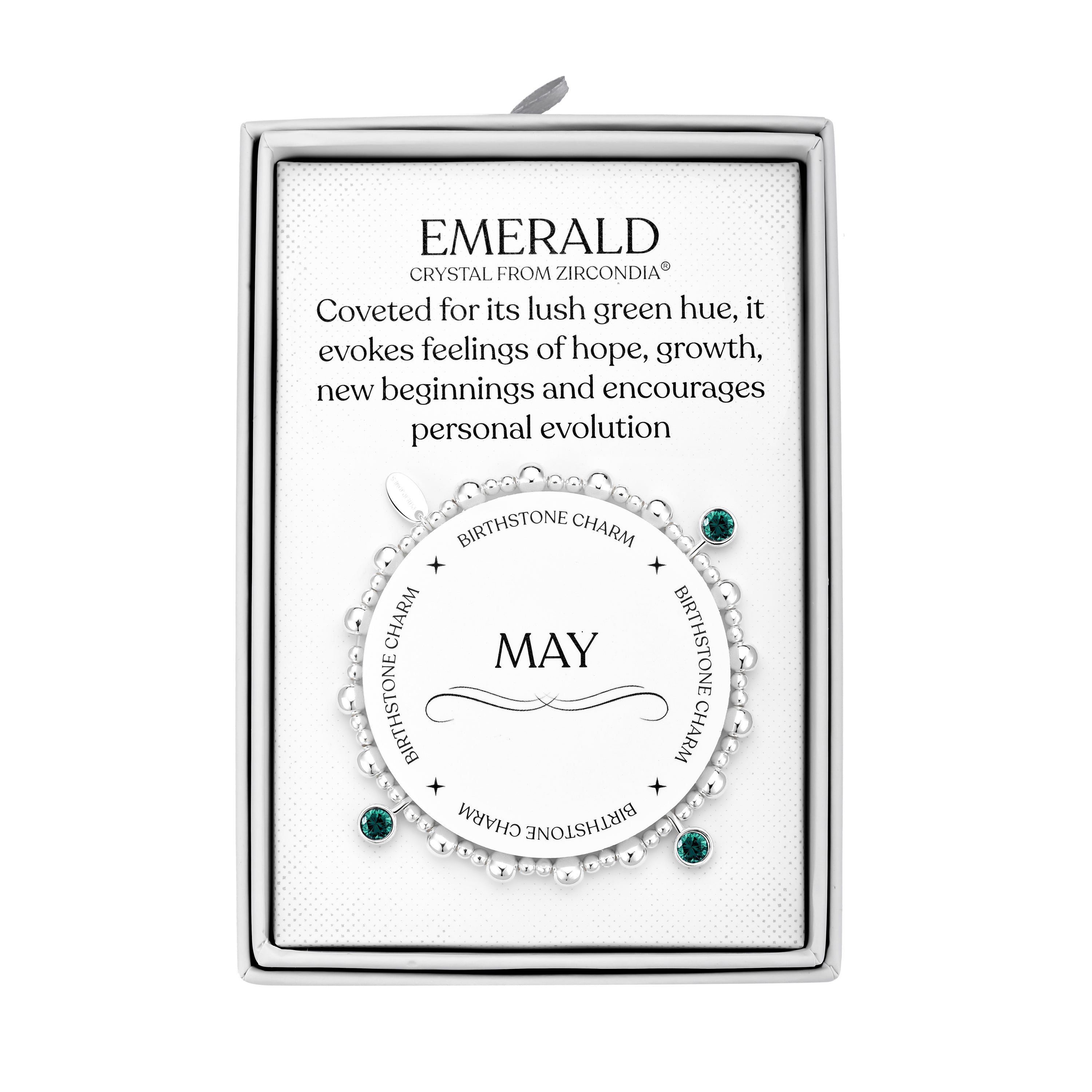 May (Emerald) Birthstone Stretch Charm Bracelet with Quote Gift Box by Philip Jones Jewellery