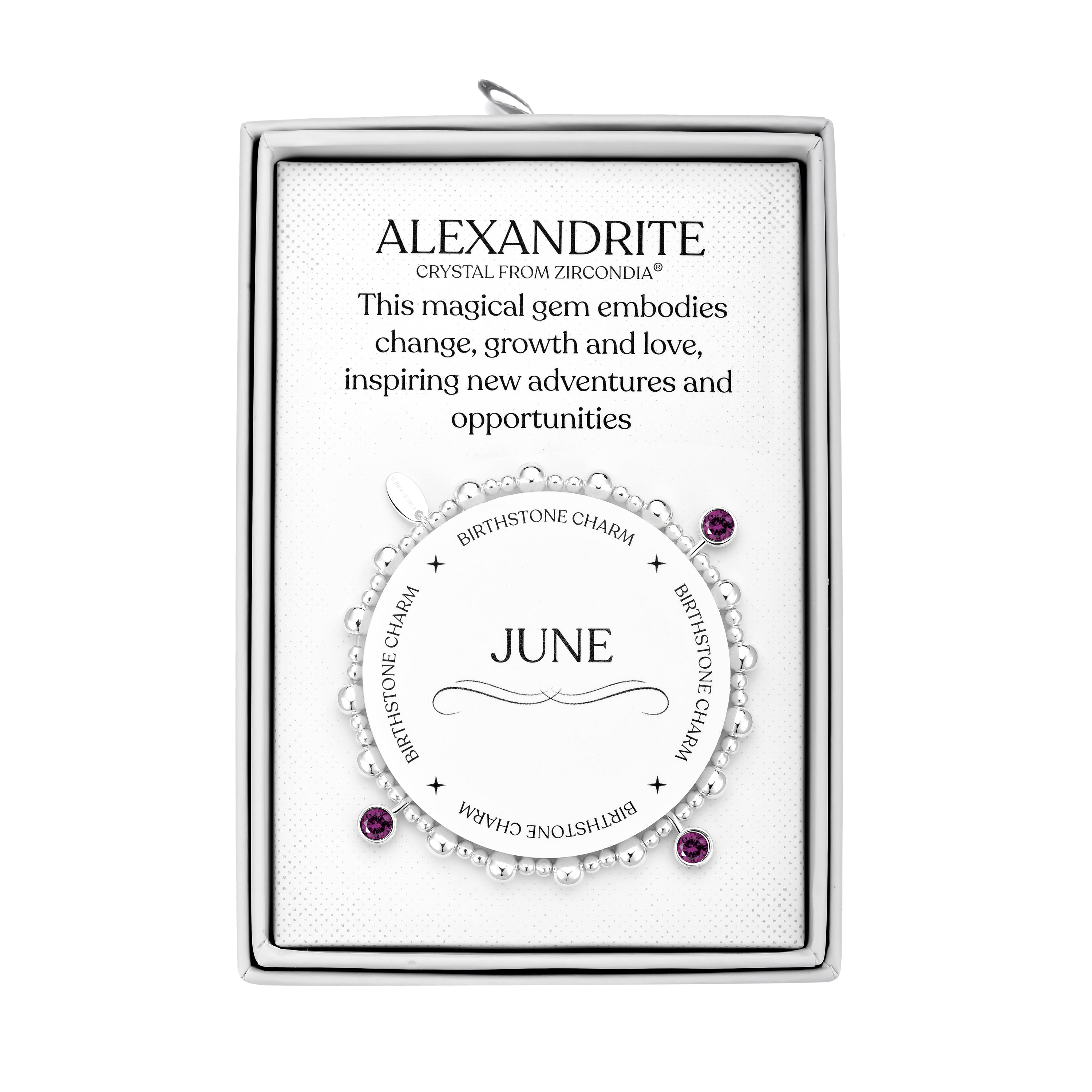 June (Alexandrite) Birthstone Stretch Charm Bracelet with Quote Gift Box by Philip Jones Jewellery