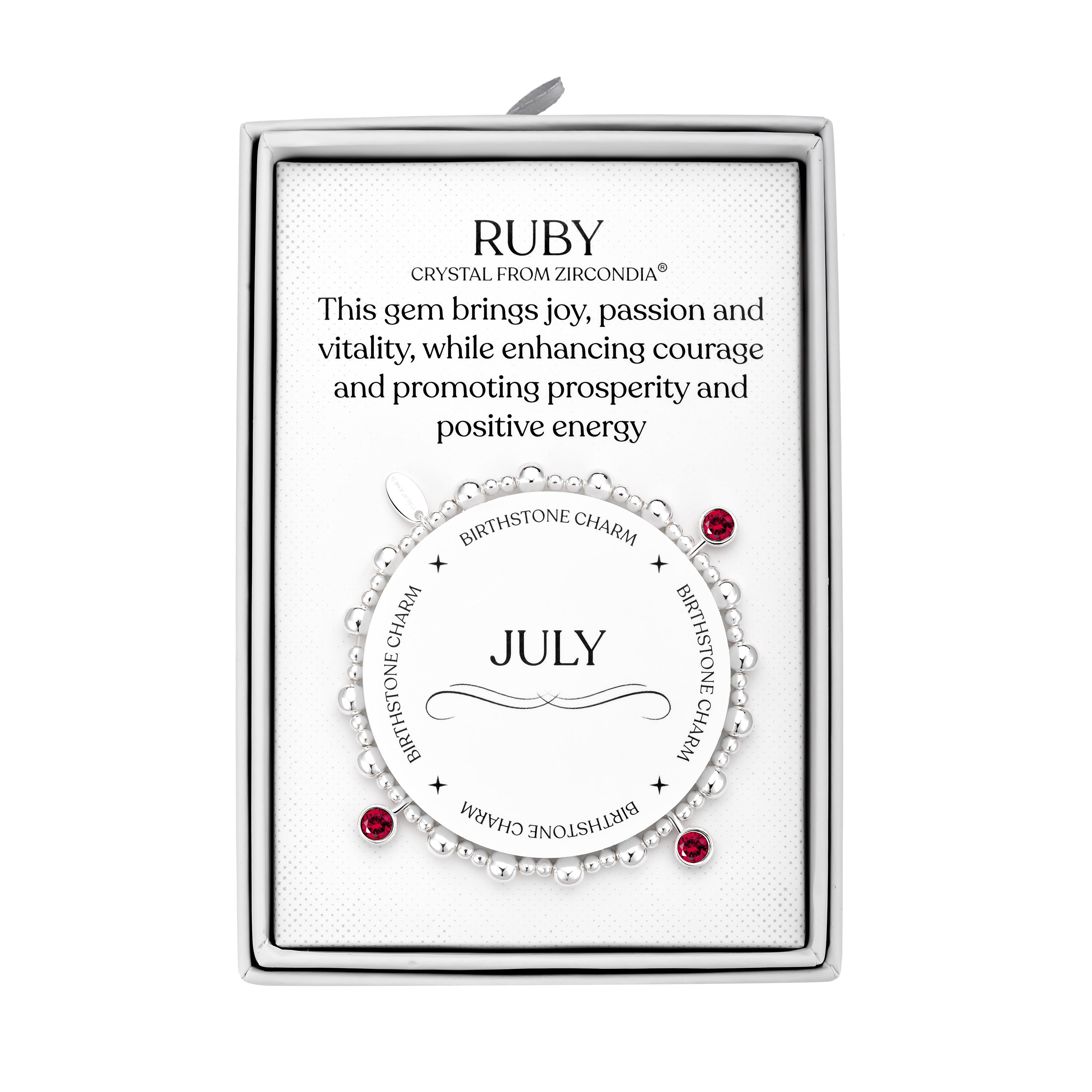 July (Ruby) Birthstone Stretch Charm Bracelet with Quote Gift Box by Philip Jones Jewellery