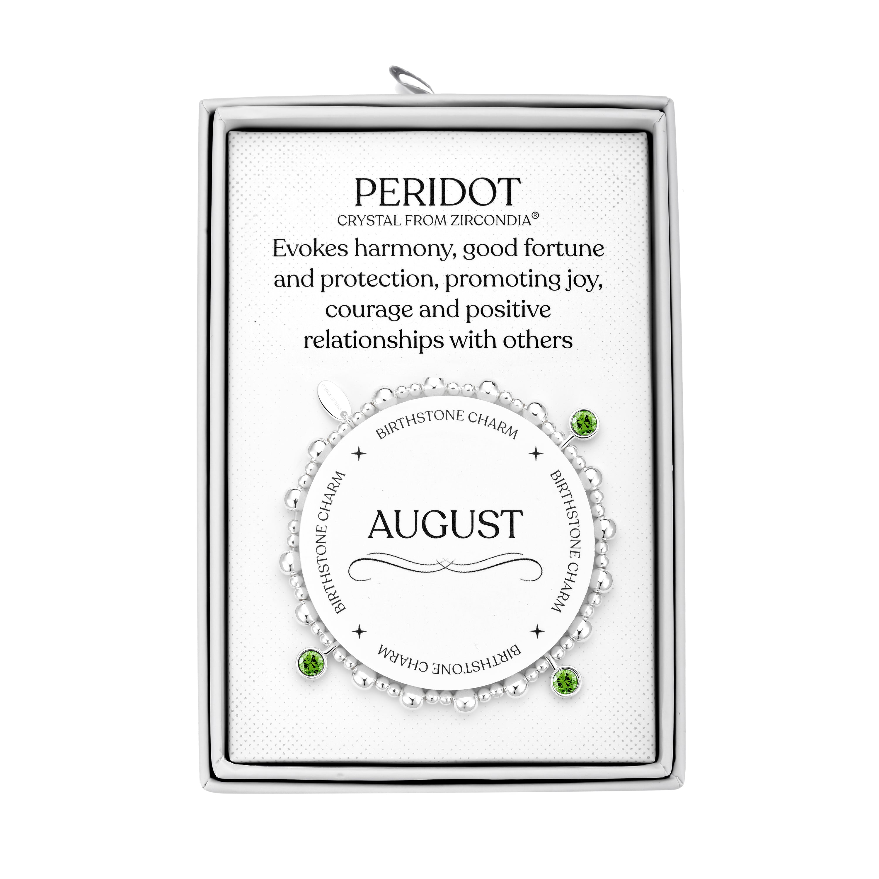 August (Peridot) Birthstone Stretch Charm Bracelet with Quote Gift Box by Philip Jones Jewellery