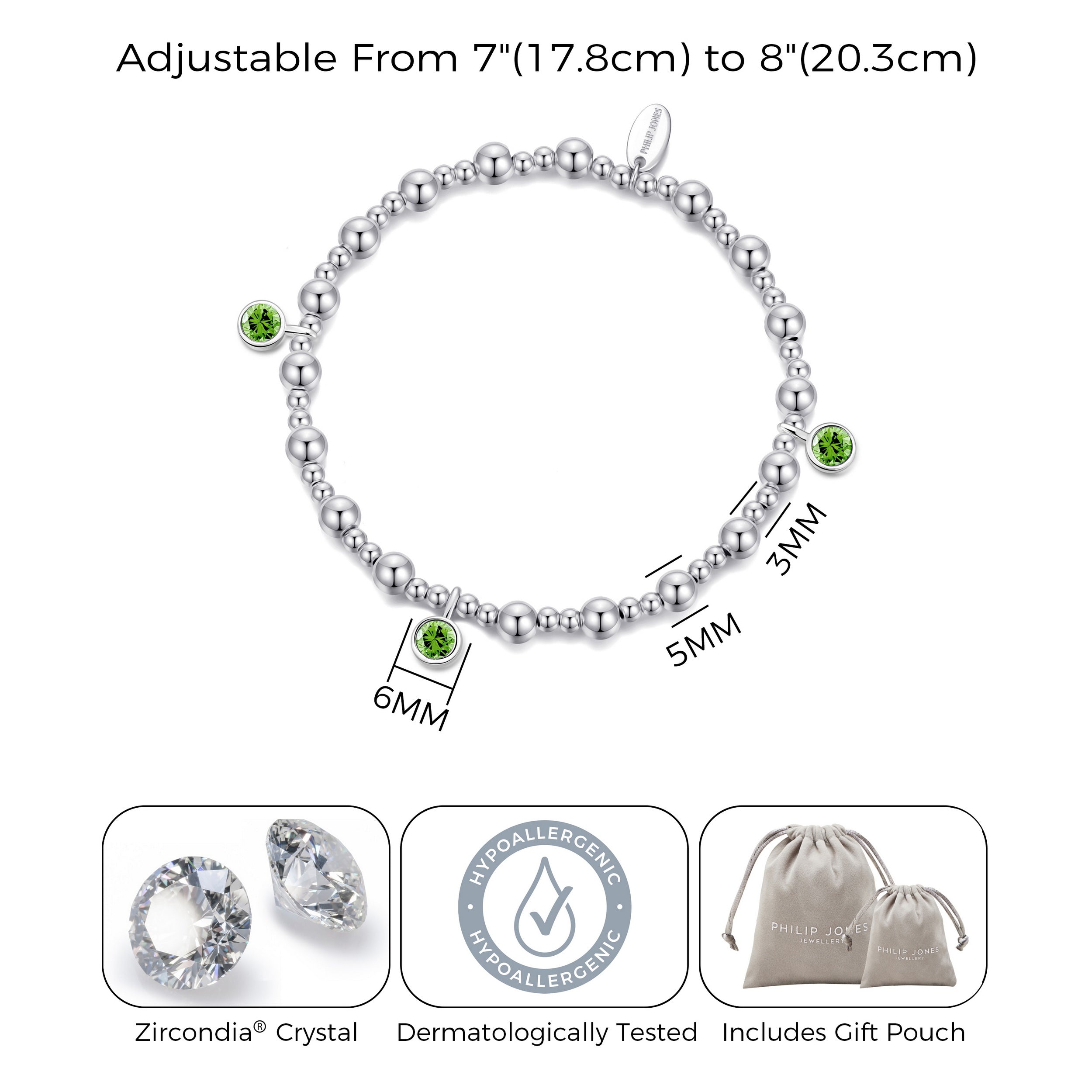 August (Peridot) Birthstone Stretch Charm Bracelet with Quote Gift Box