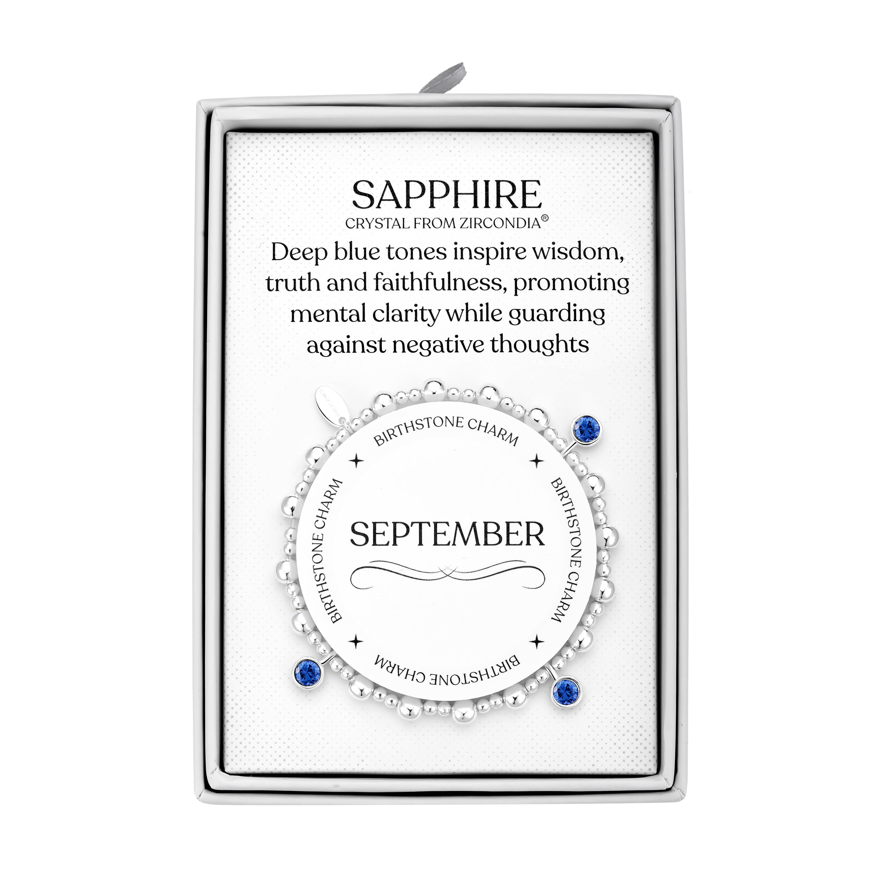 September (Sapphire) Birthstone Stretch Charm Bracelet with Quote Gift Box by Philip Jones Jewellery