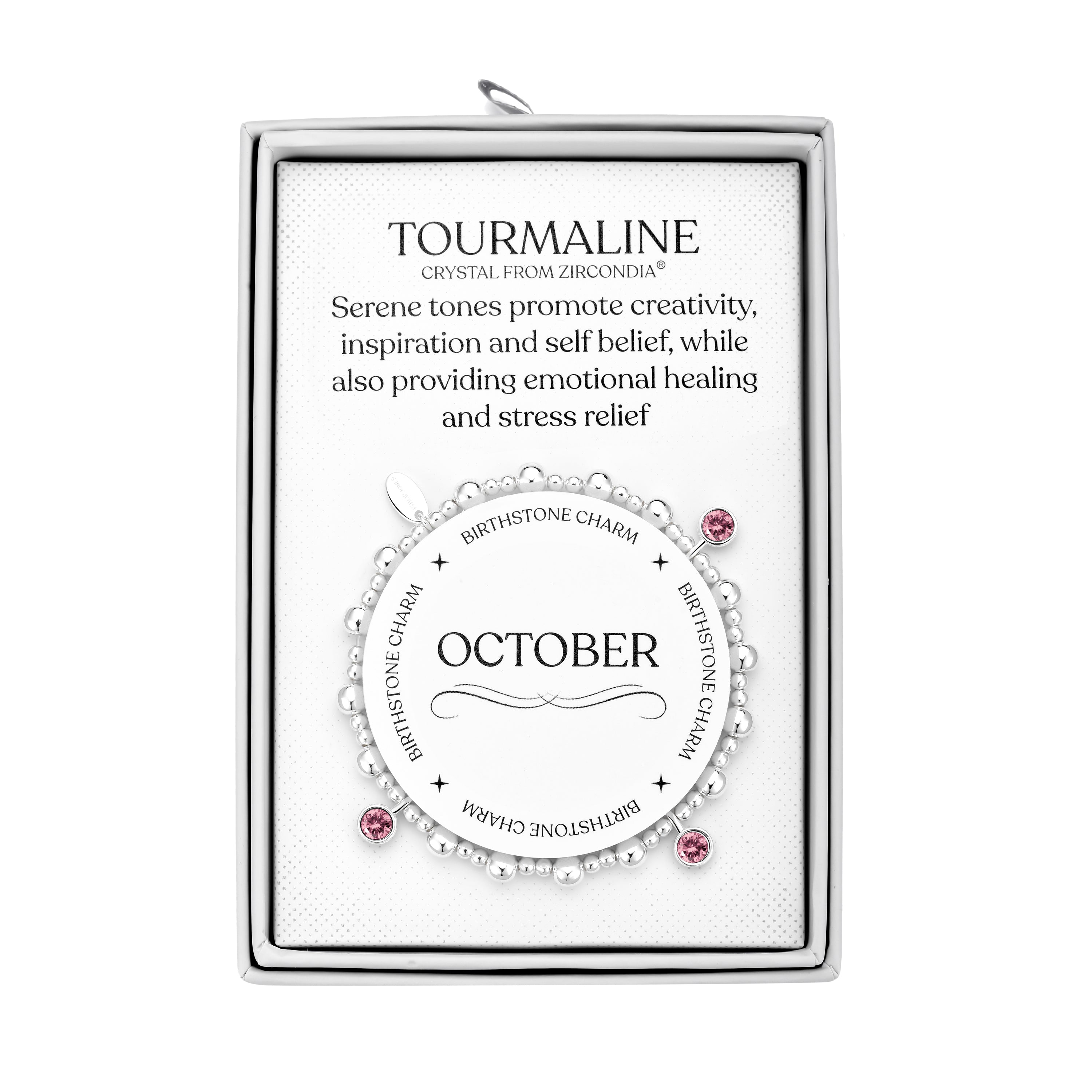 October (Tourmaline) Birthstone Stretch Charm Bracelet with Quote Gift Box by Philip Jones Jewellery