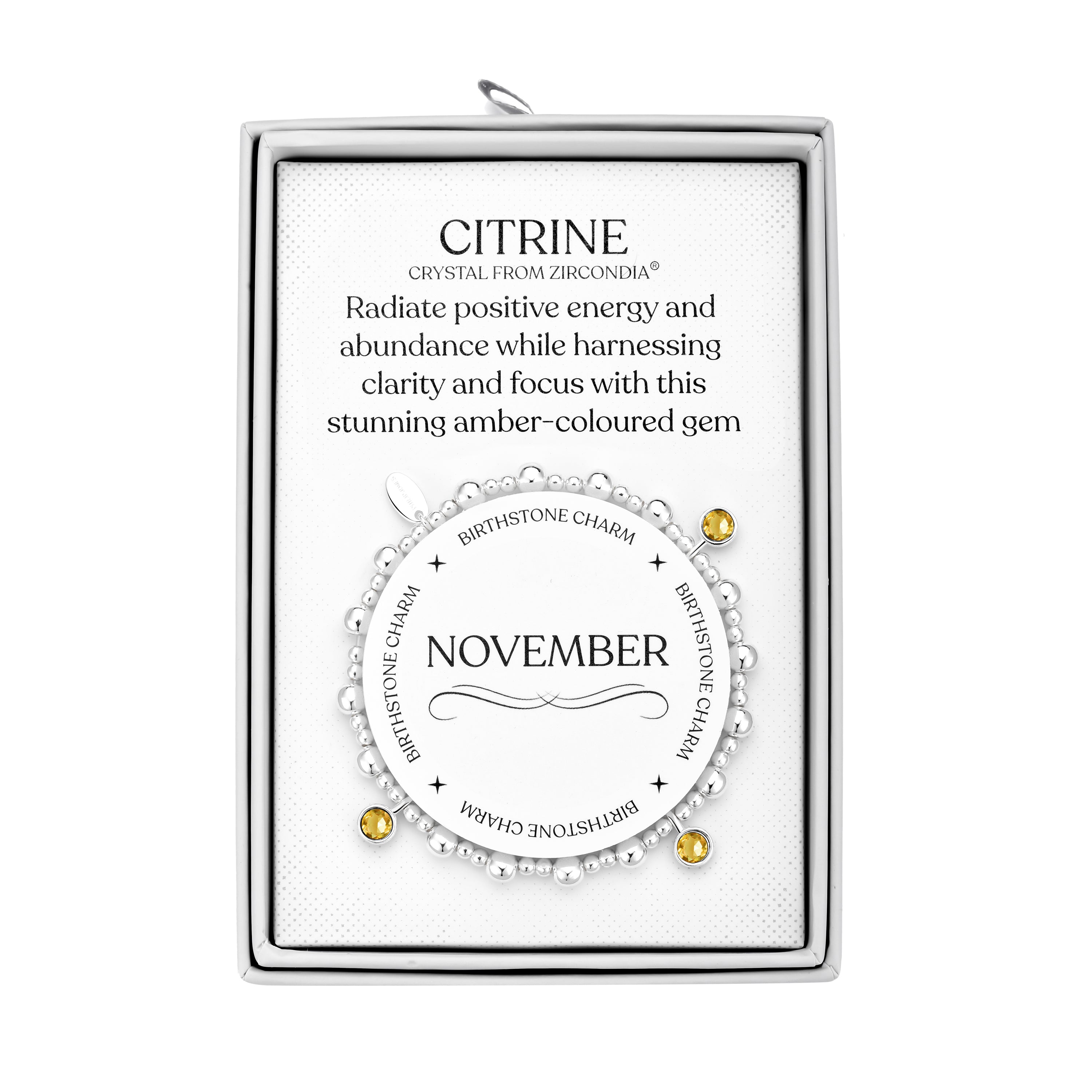 November (Citrine) Birthstone Stretch Charm Bracelet with Quote Gift Box by Philip Jones Jewellery