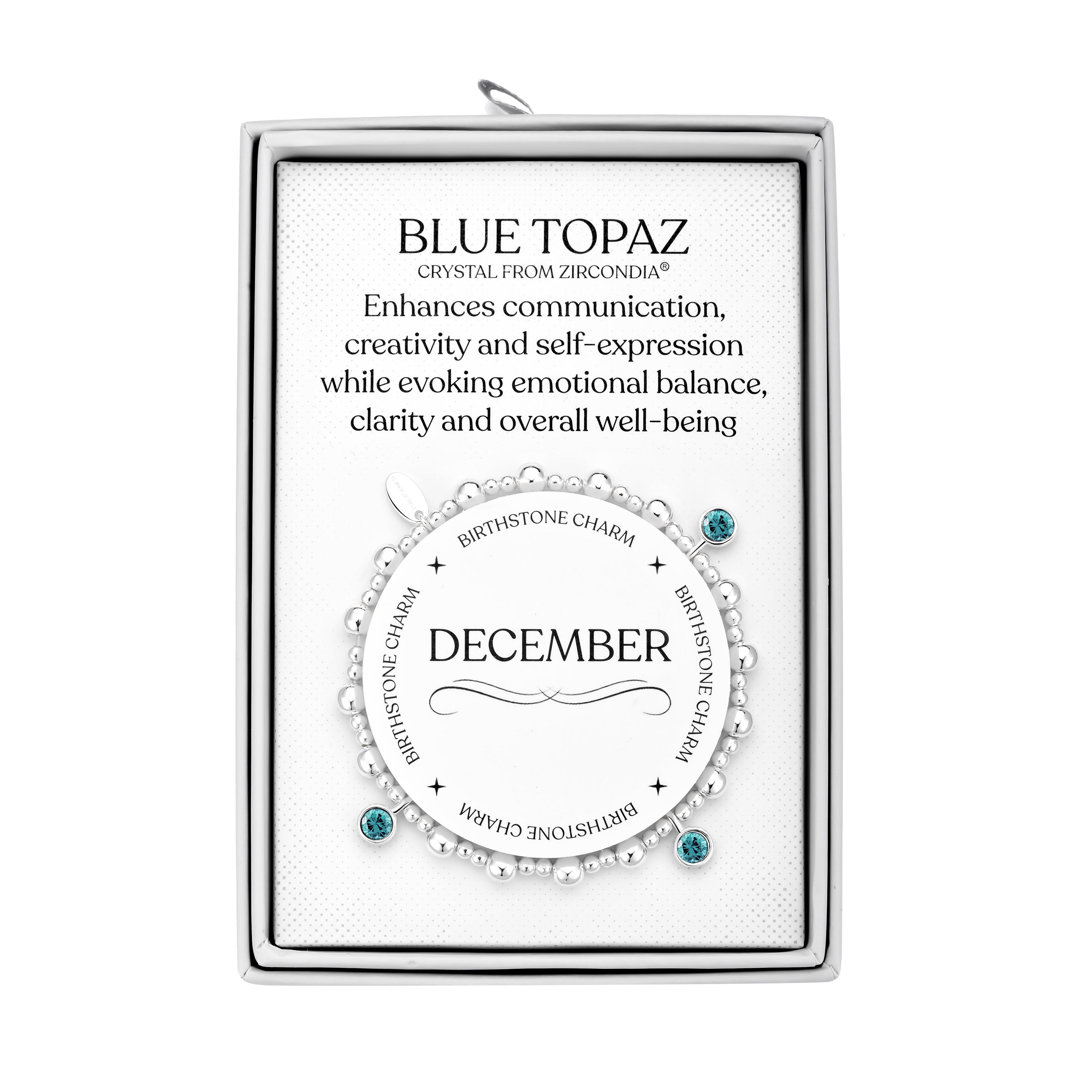 December (Blue Topaz) Birthstone Stretch Charm Bracelet with Quote Gift Box by Philip Jones Jewellery