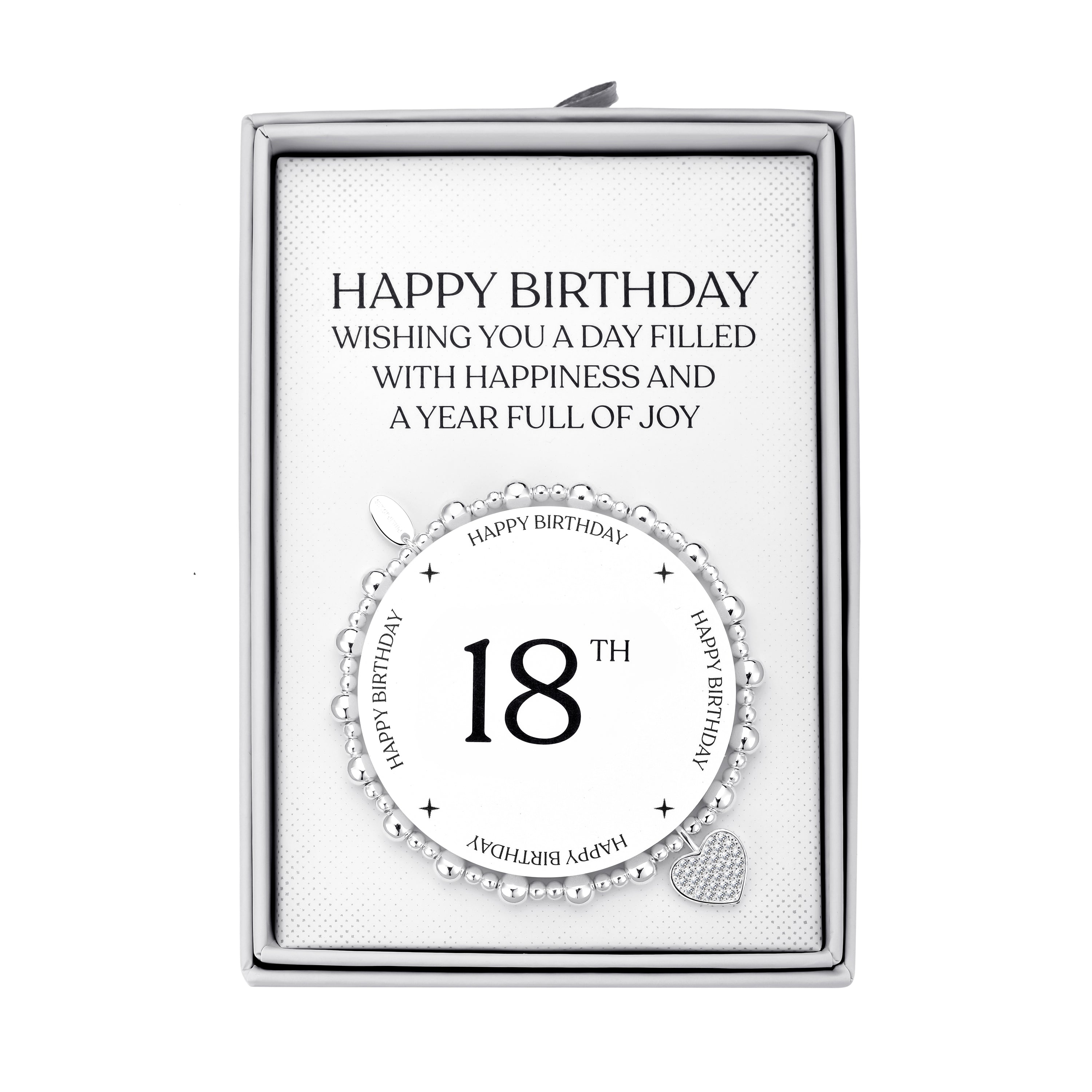 18th Birthday Heart Charm Stretch Bracelet with Quote Gift Box by Philip Jones Jewellery