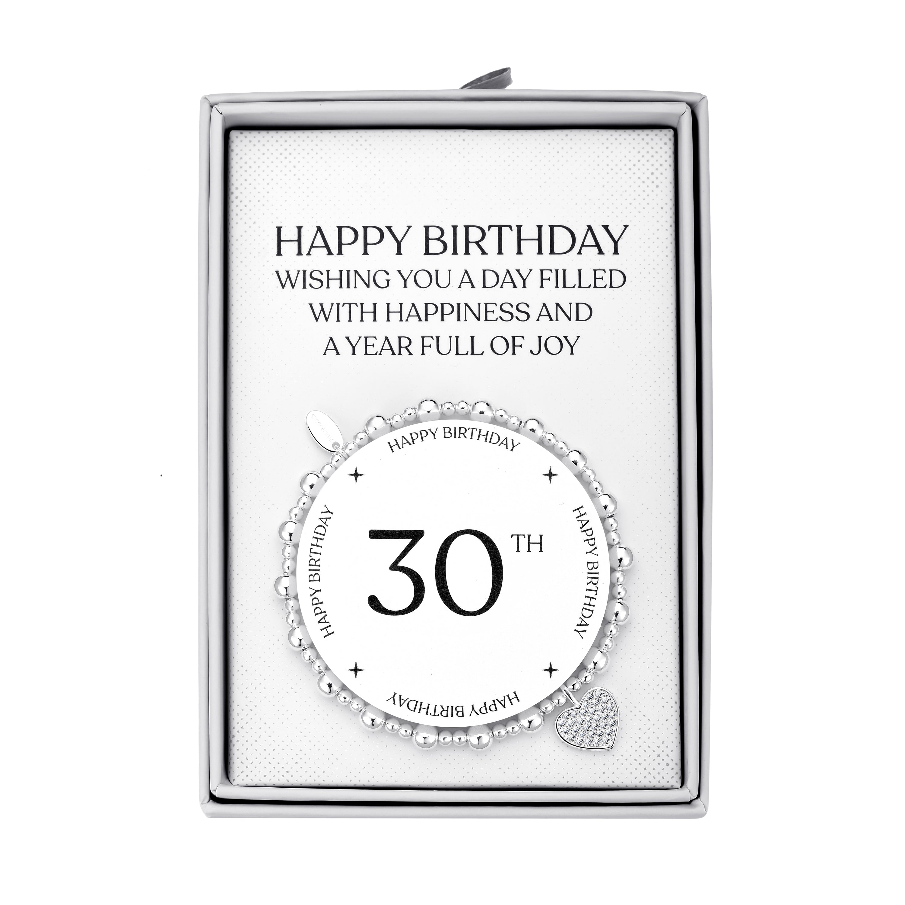 30th Birthday Heart Charm Stretch Bracelet with Quote Gift Box by Philip Jones Jewellery