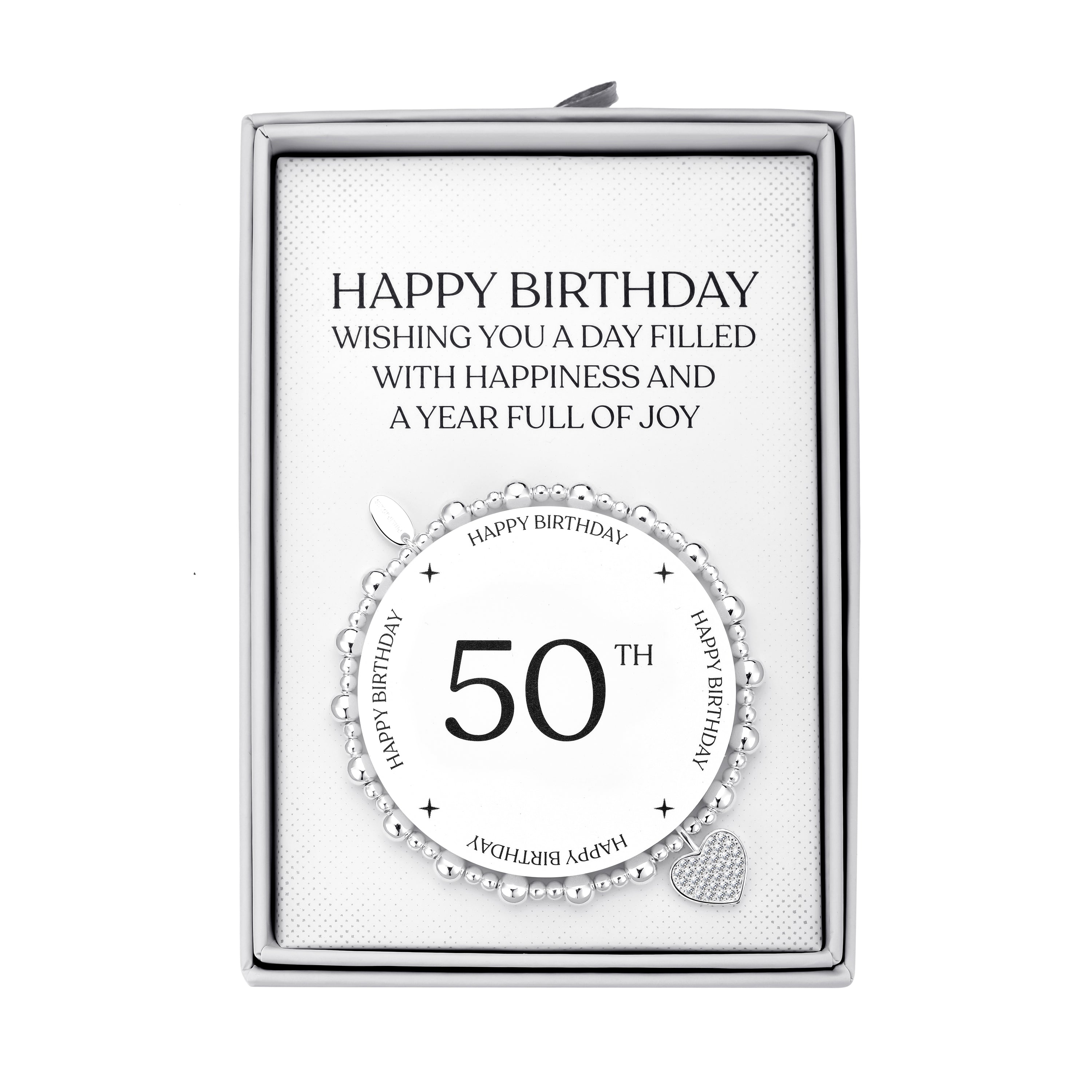50th Birthday Heart Charm Stretch Bracelet with Quote Gift Box by Philip Jones Jewellery