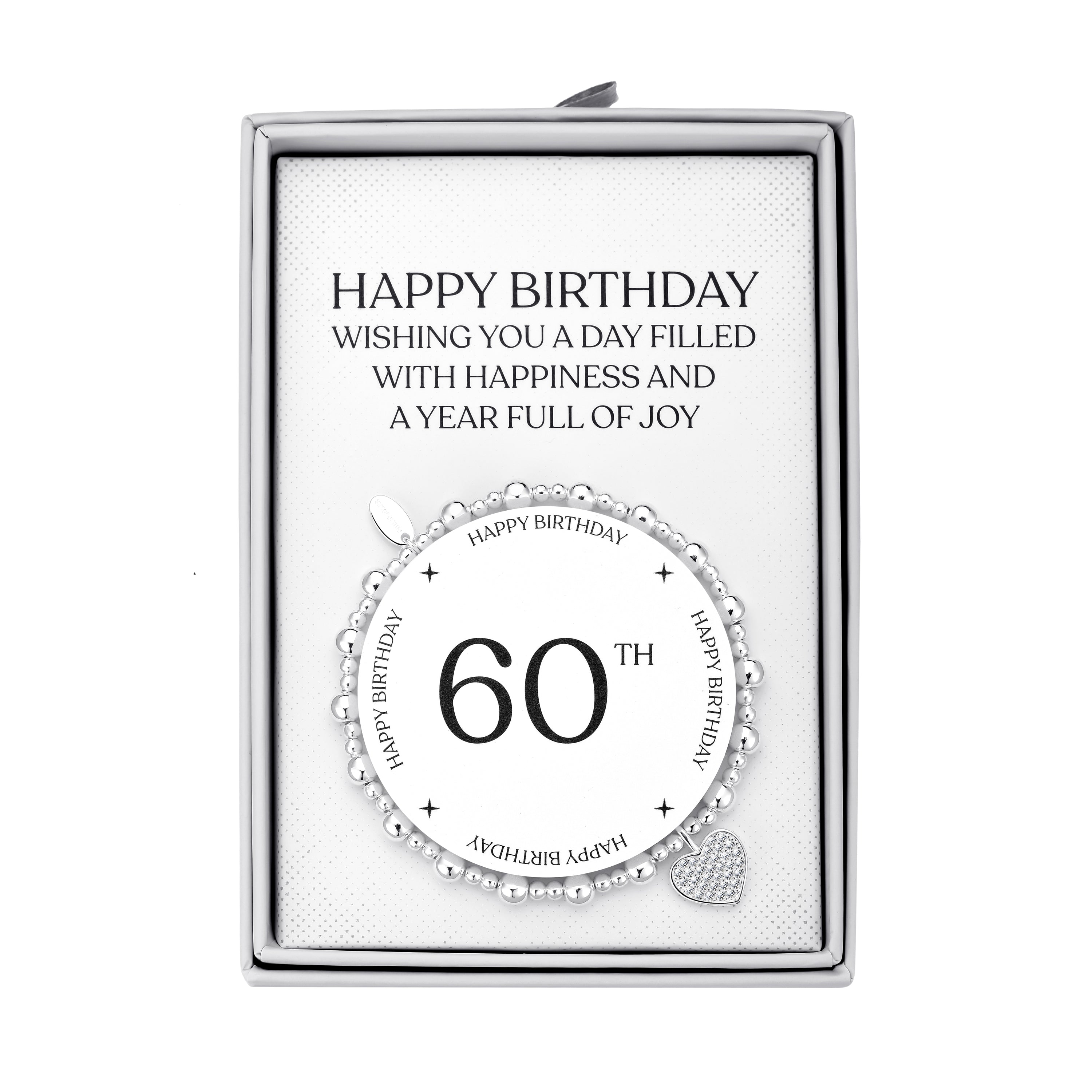 60th Birthday Heart Charm Stretch Bracelet with Quote Gift Box by Philip Jones Jewellery
