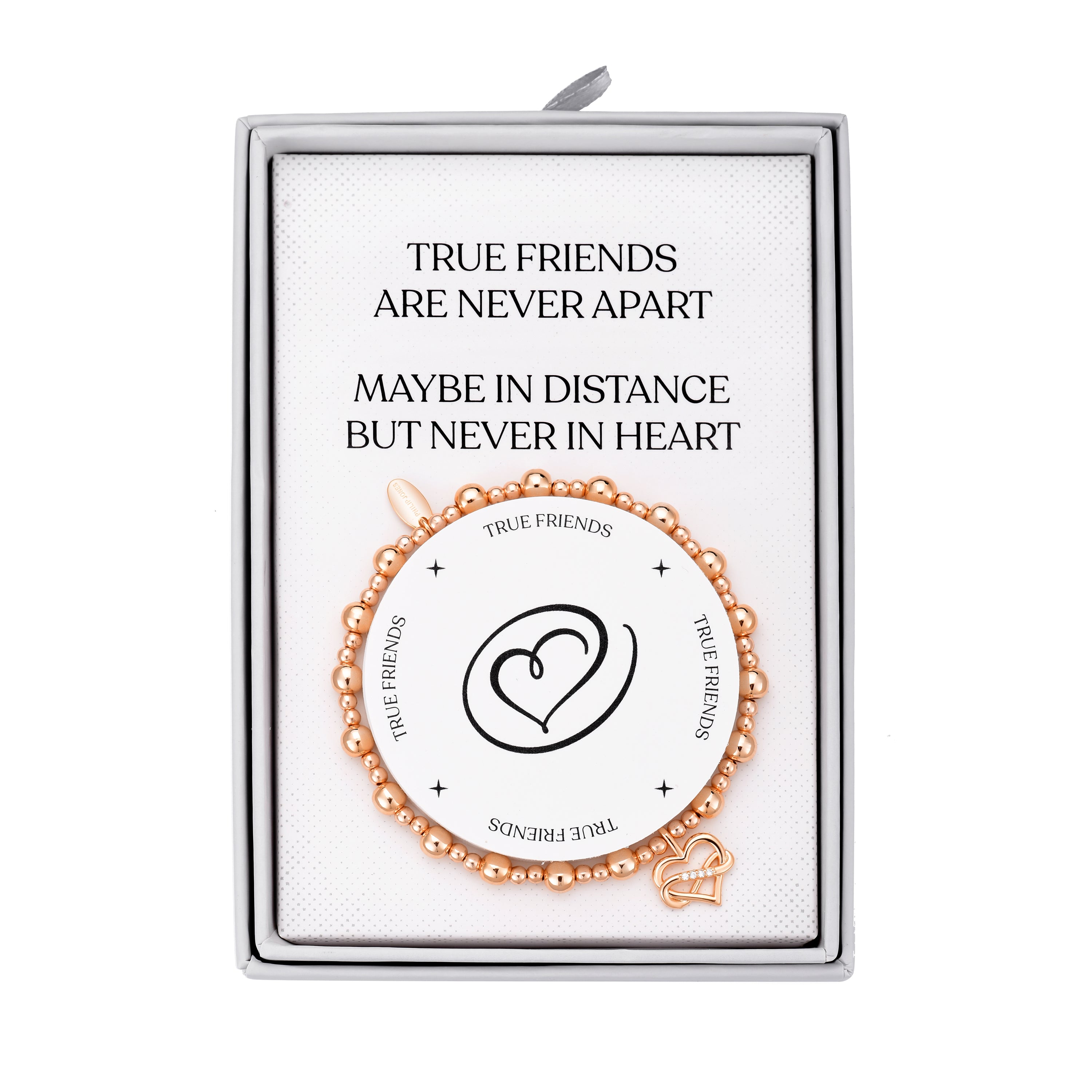 Rose Gold Plated True Friends Quote Stretch Bracelet with Gift Box by Philip Jones Jewellery