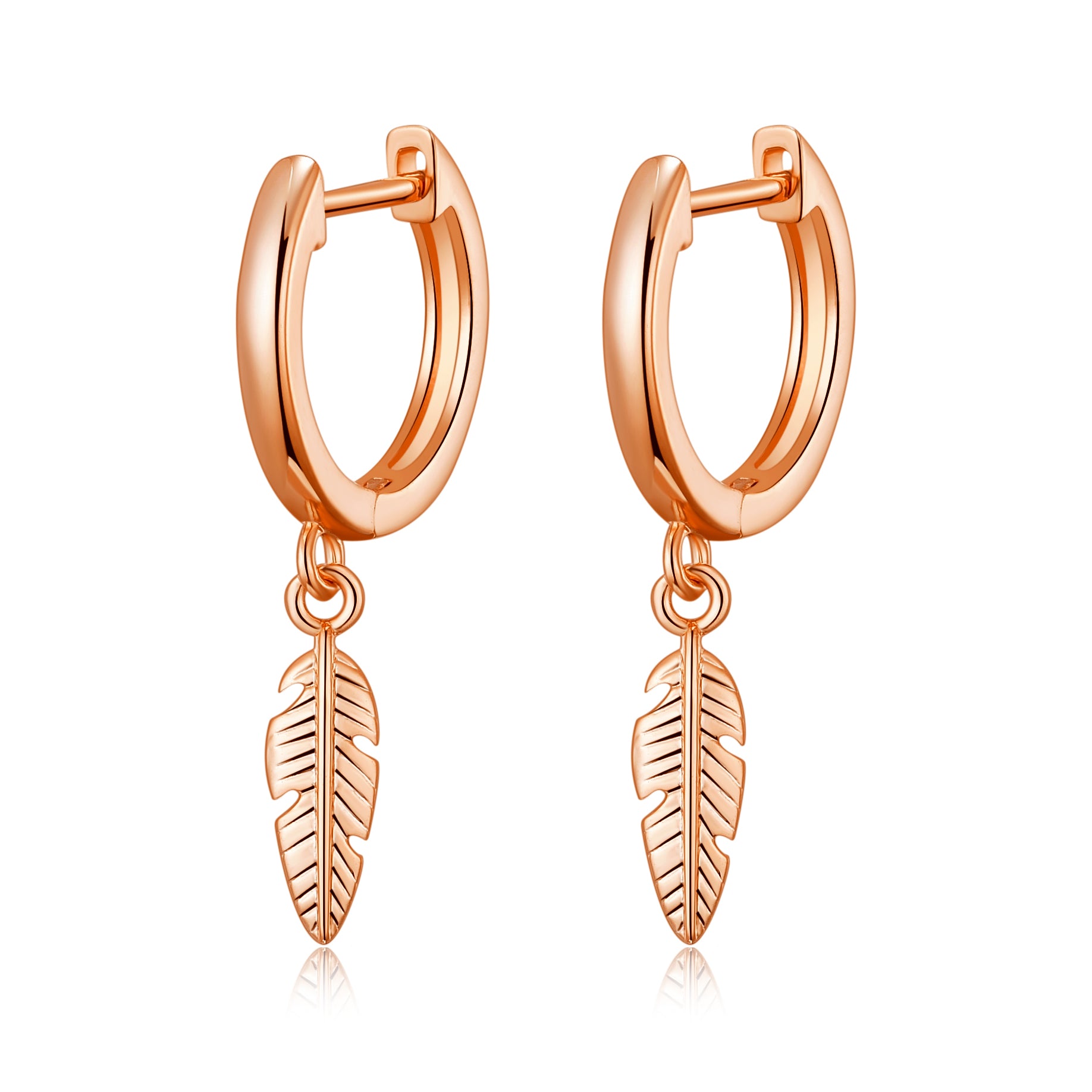 Rose Gold Plated Feather Charm Hoop Earrings by Philip Jones Jewellery
