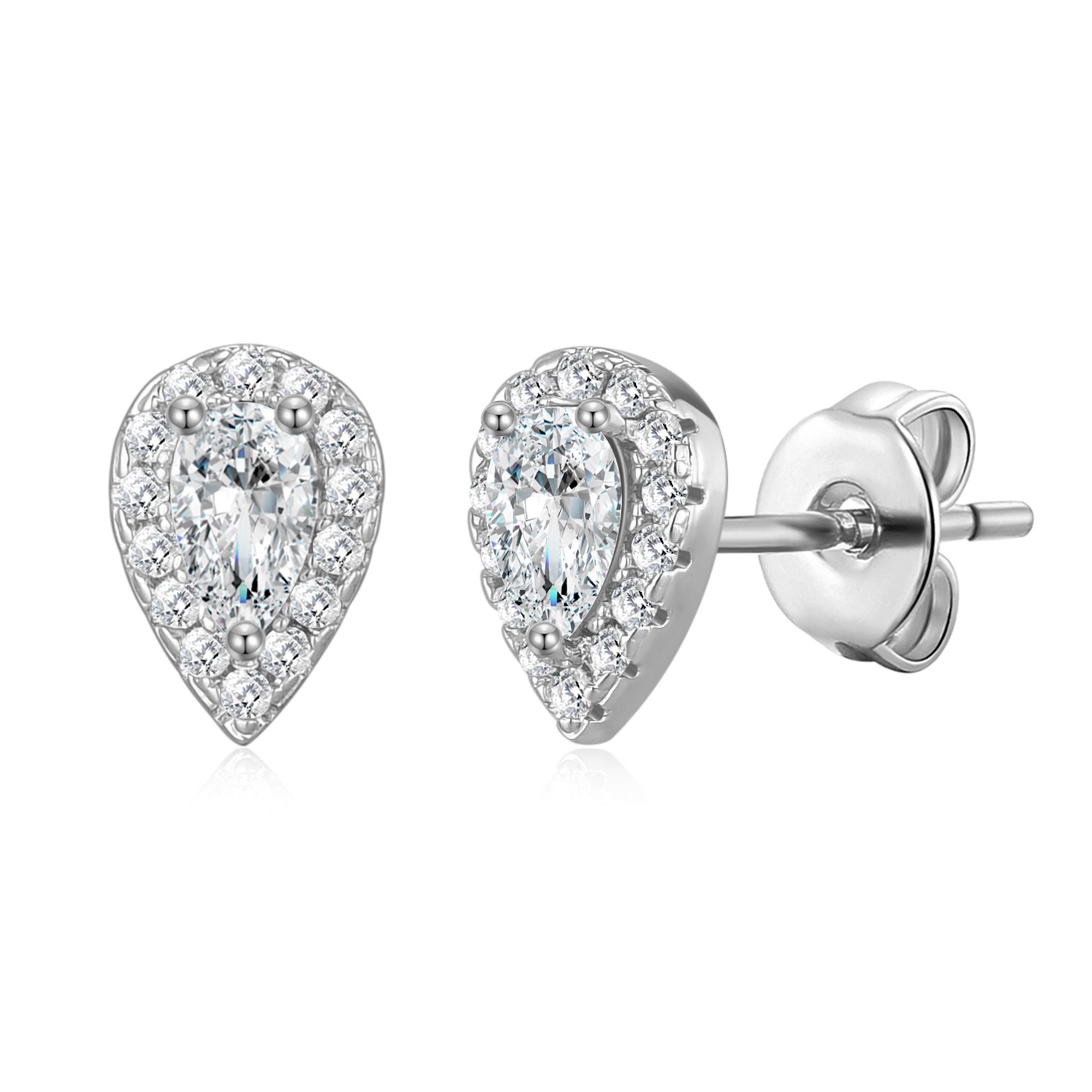 Silver Plated Pear Halo Earrings Created with Zircondia® Crystals by Philip Jones Jewellery