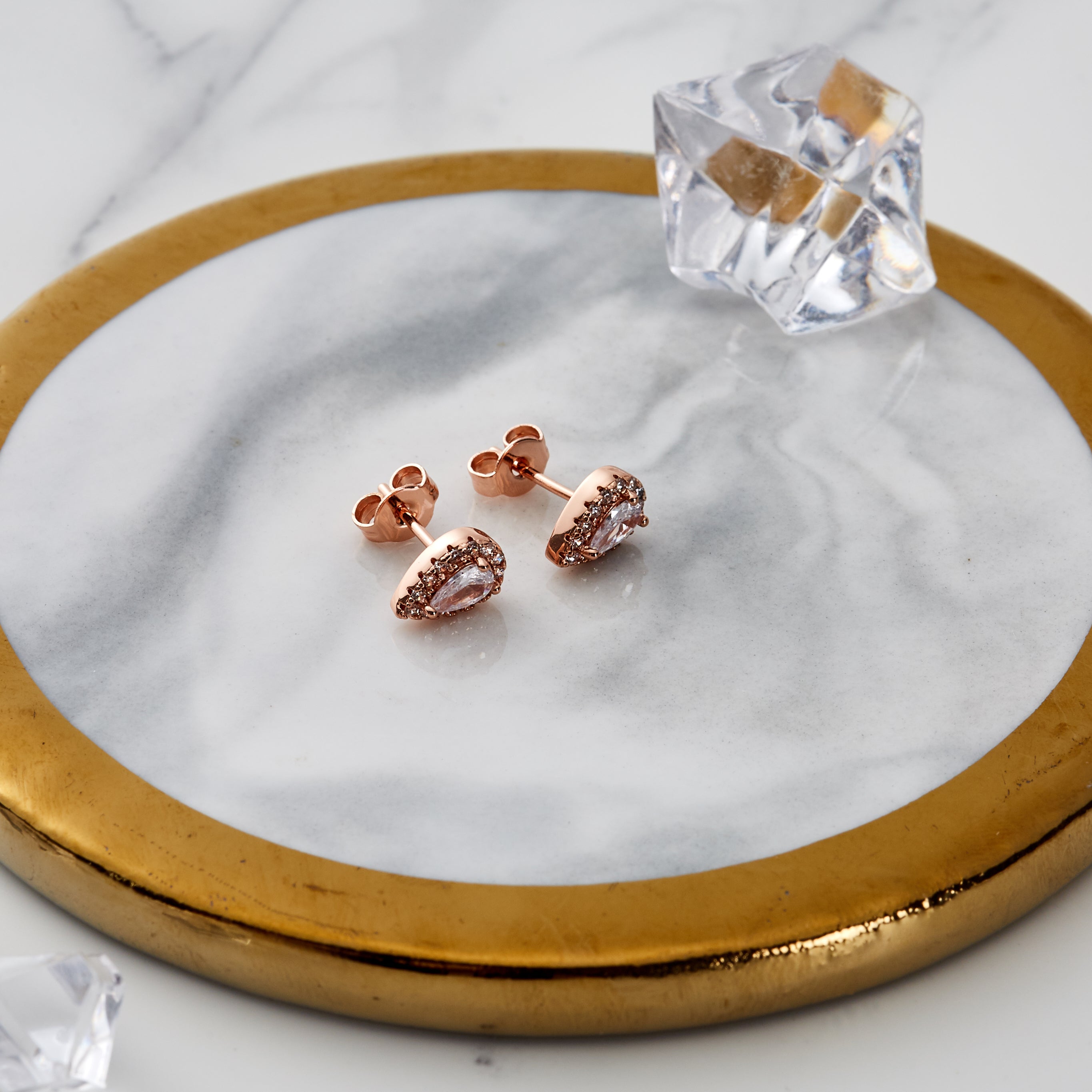 Rose Gold Plated Pear Halo Earrings Created with Zircondia® Crystals