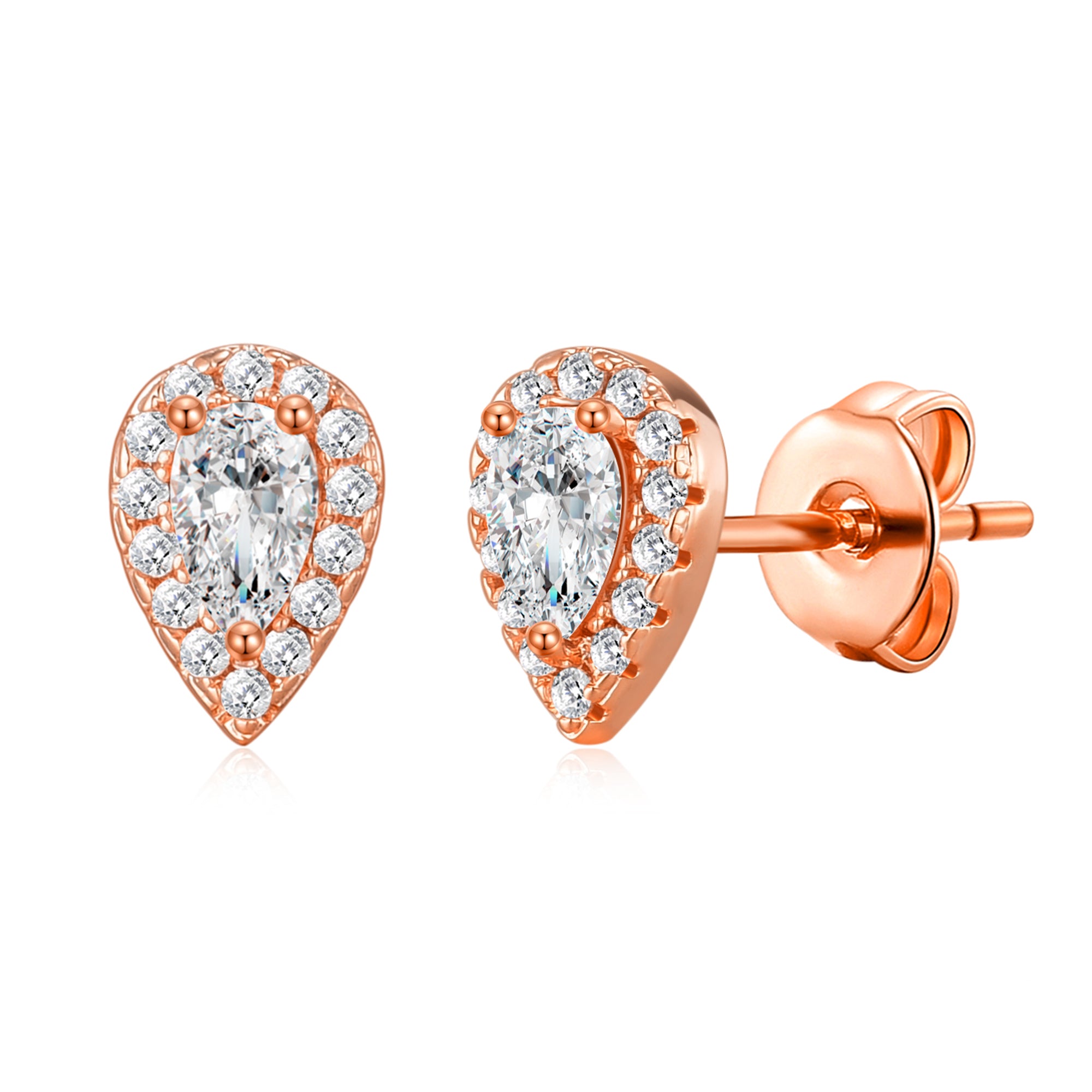 Rose Gold Plated Pear Halo Earrings Created with Zircondia® Crystals by Philip Jones Jewellery