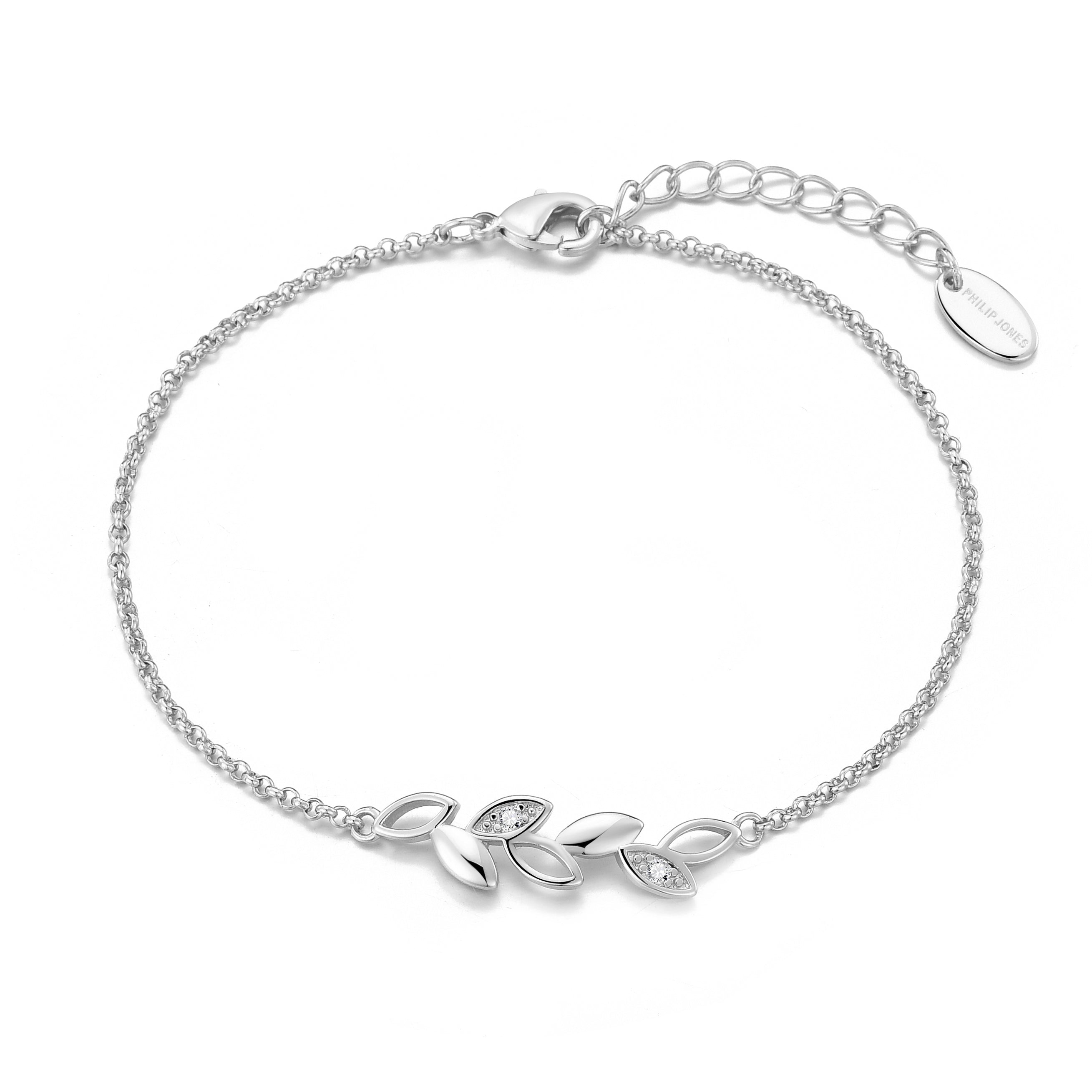 Silver Plated Leaf Chain Bracelet Created with Zircondia® Crystals by Philip Jones Jewellery