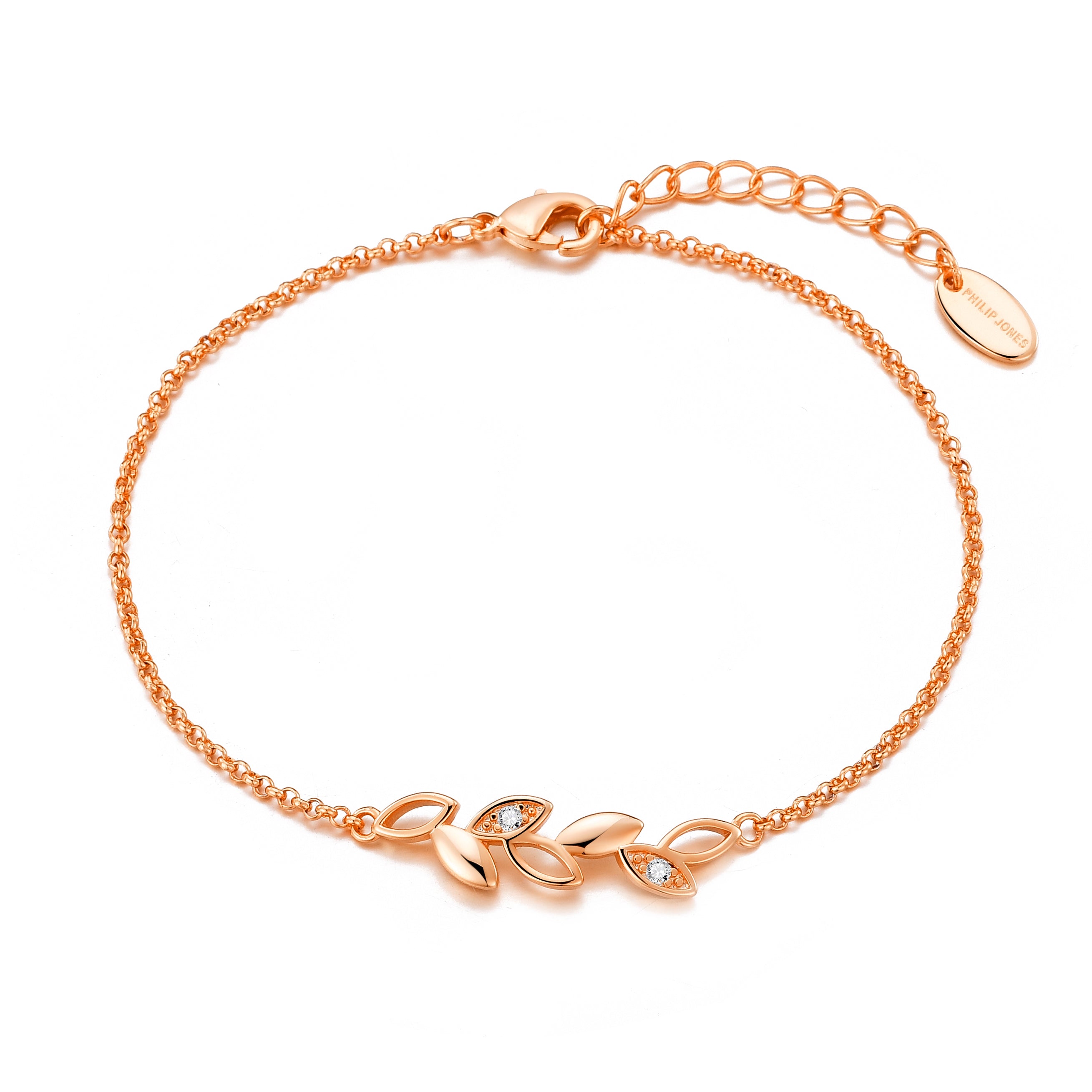 Rose Gold Plated Leaf Chain Bracelet Created with Zircondia® Crystals by Philip Jones Jewellery