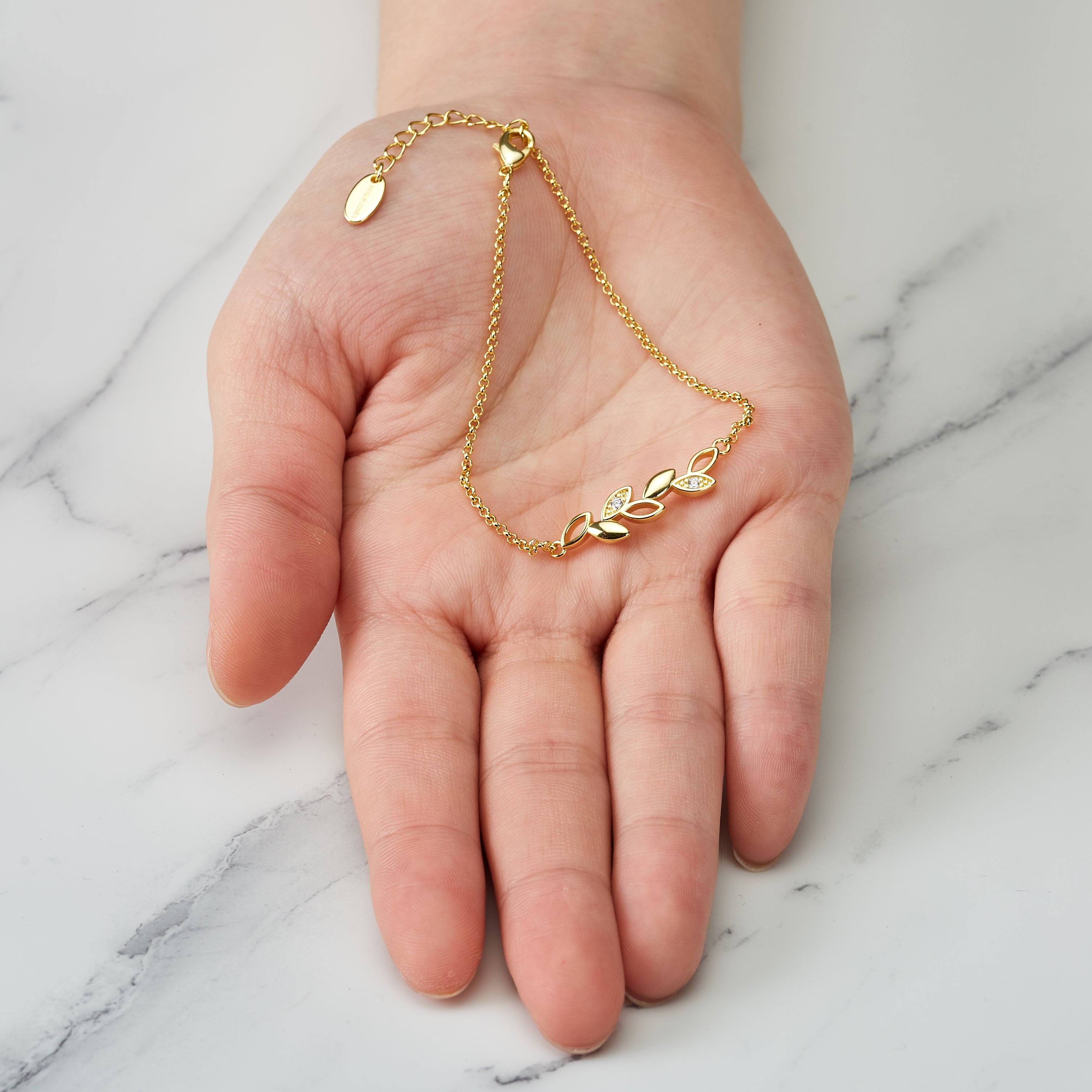 Gold Plated Leaf Chain Bracelet Created with Zircondia® Crystals