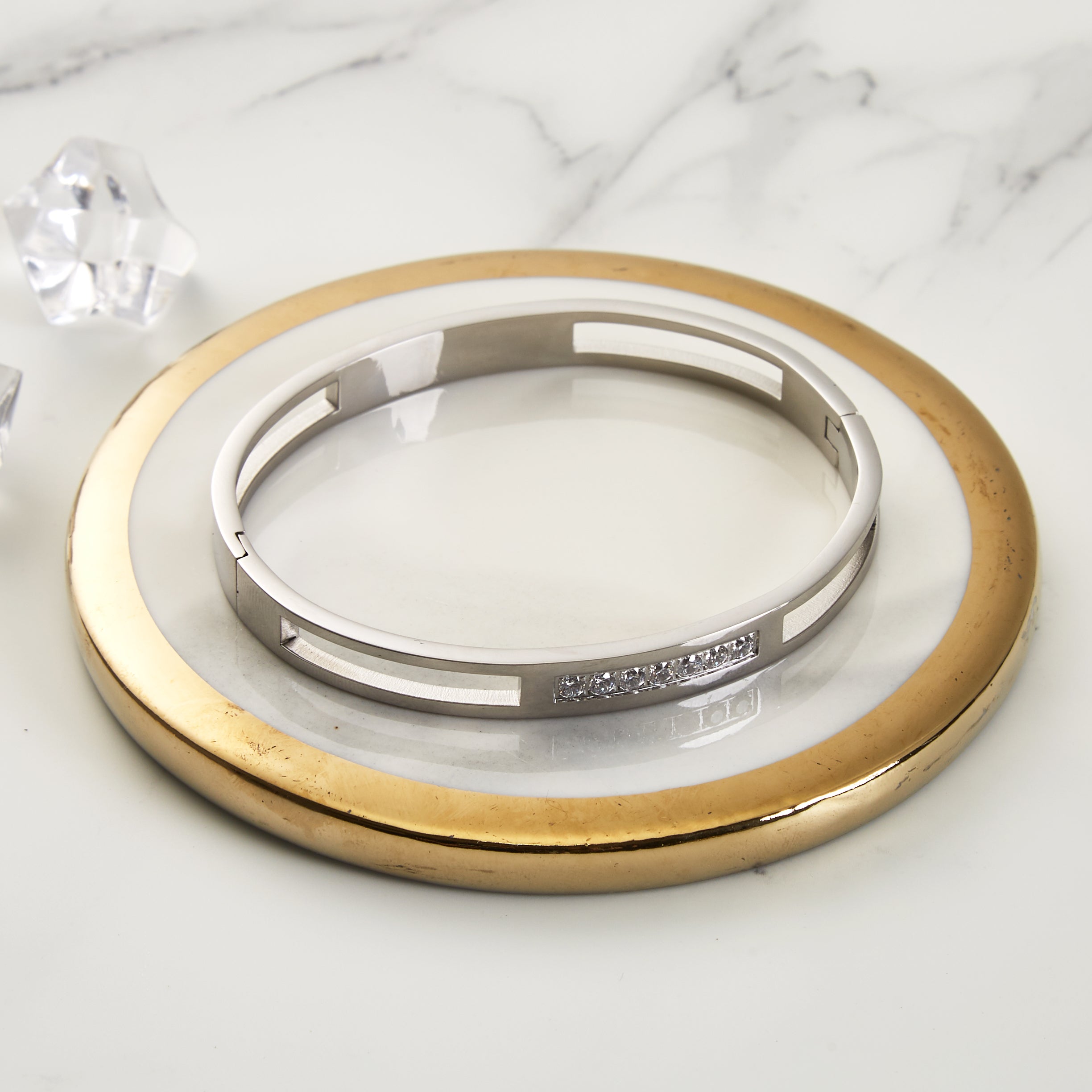 Stainless Steel Channel Bangle Created with Zircondia® Crystals