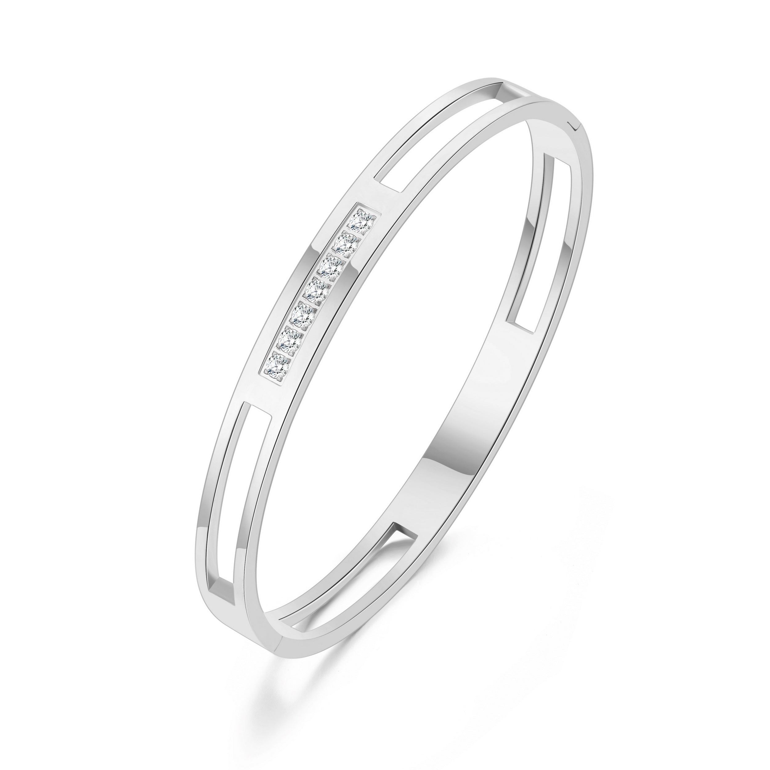 Stainless Steel Channel Bangle Created with Zircondia® Crystals (7 Inch)