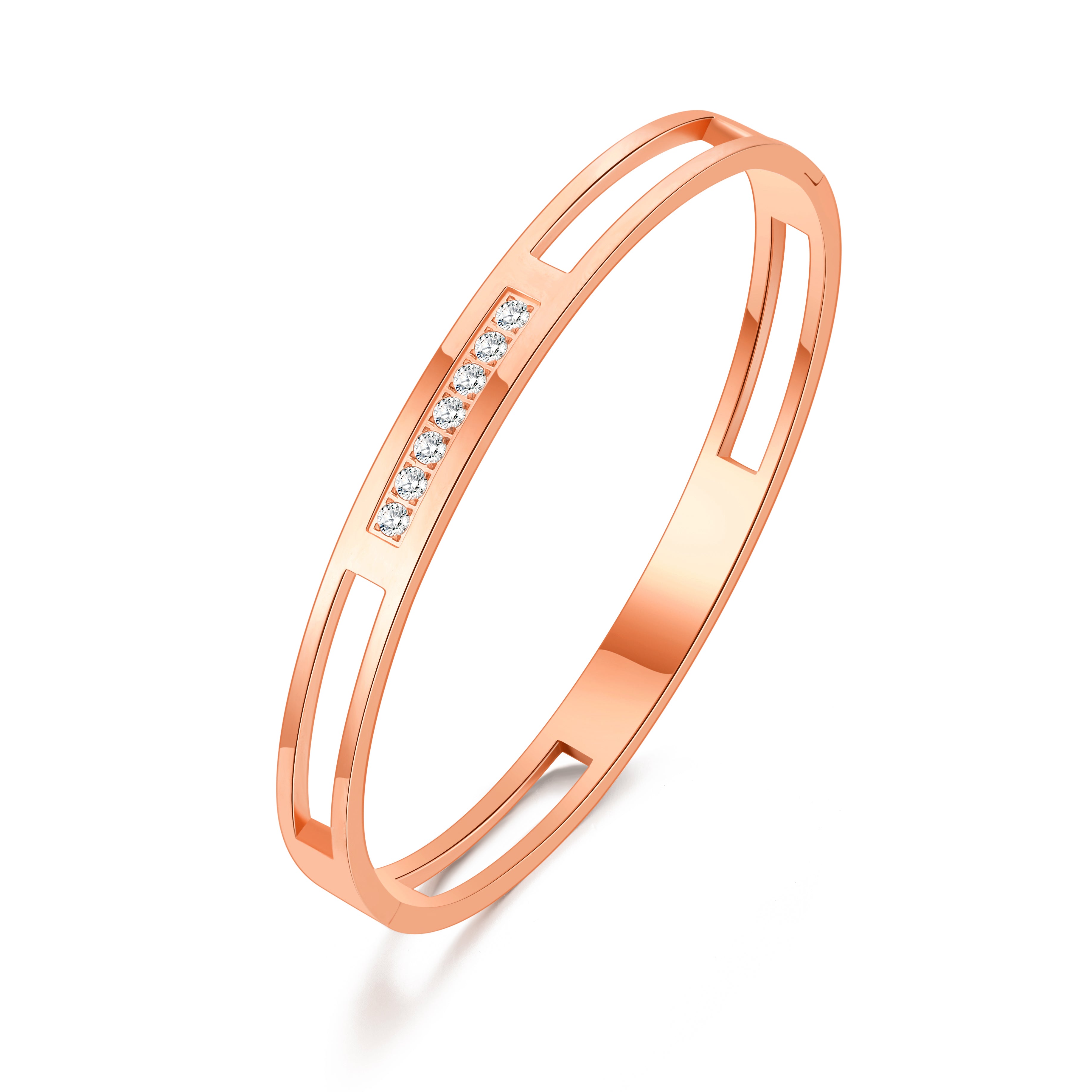 Rose Gold Plated Stainless Steel Channel Bangle Created with Zircondia® Crystals by Philip Jones Jewellery