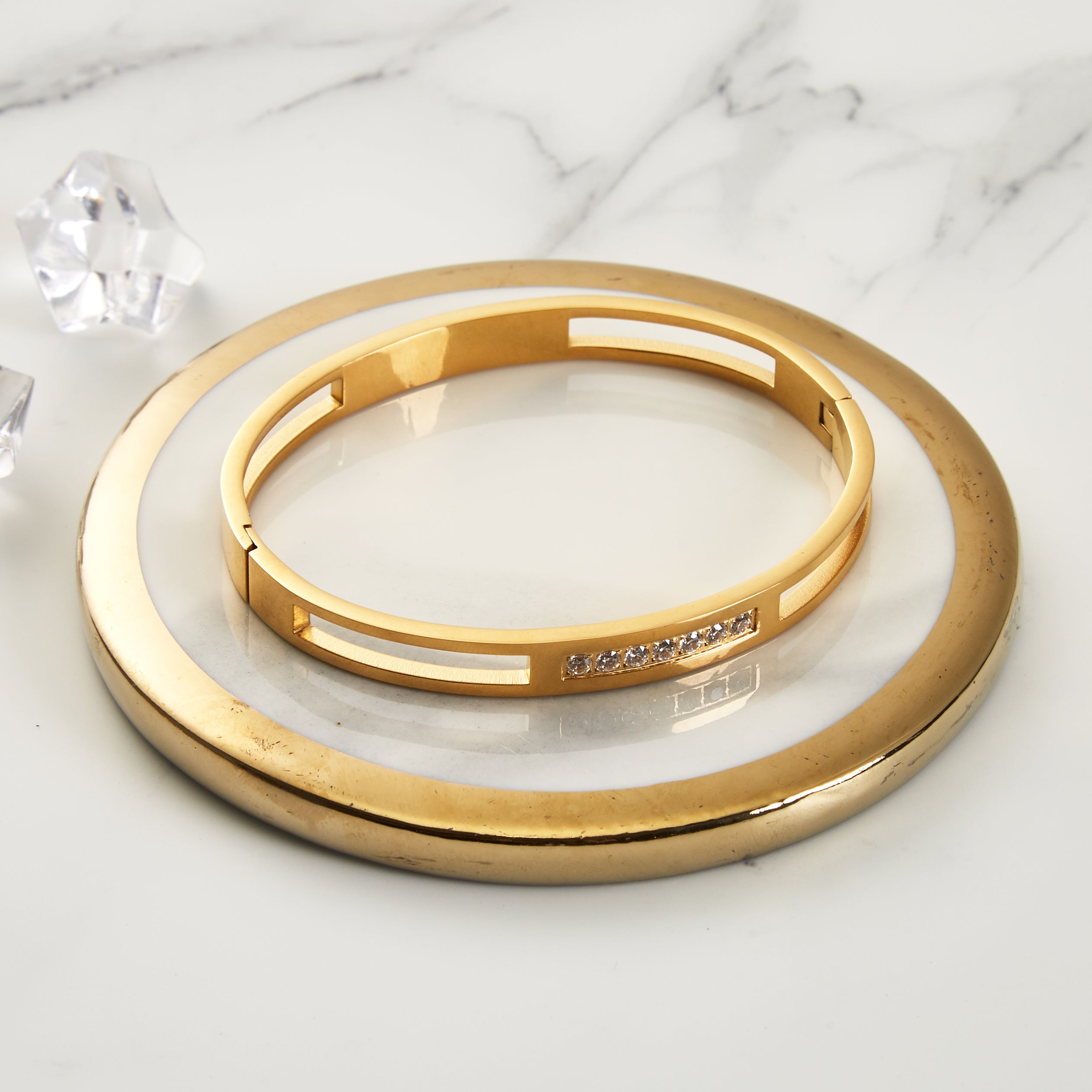 Gold Plated Stainless Steel Channel Bangle Created with Zircondia® Crystals