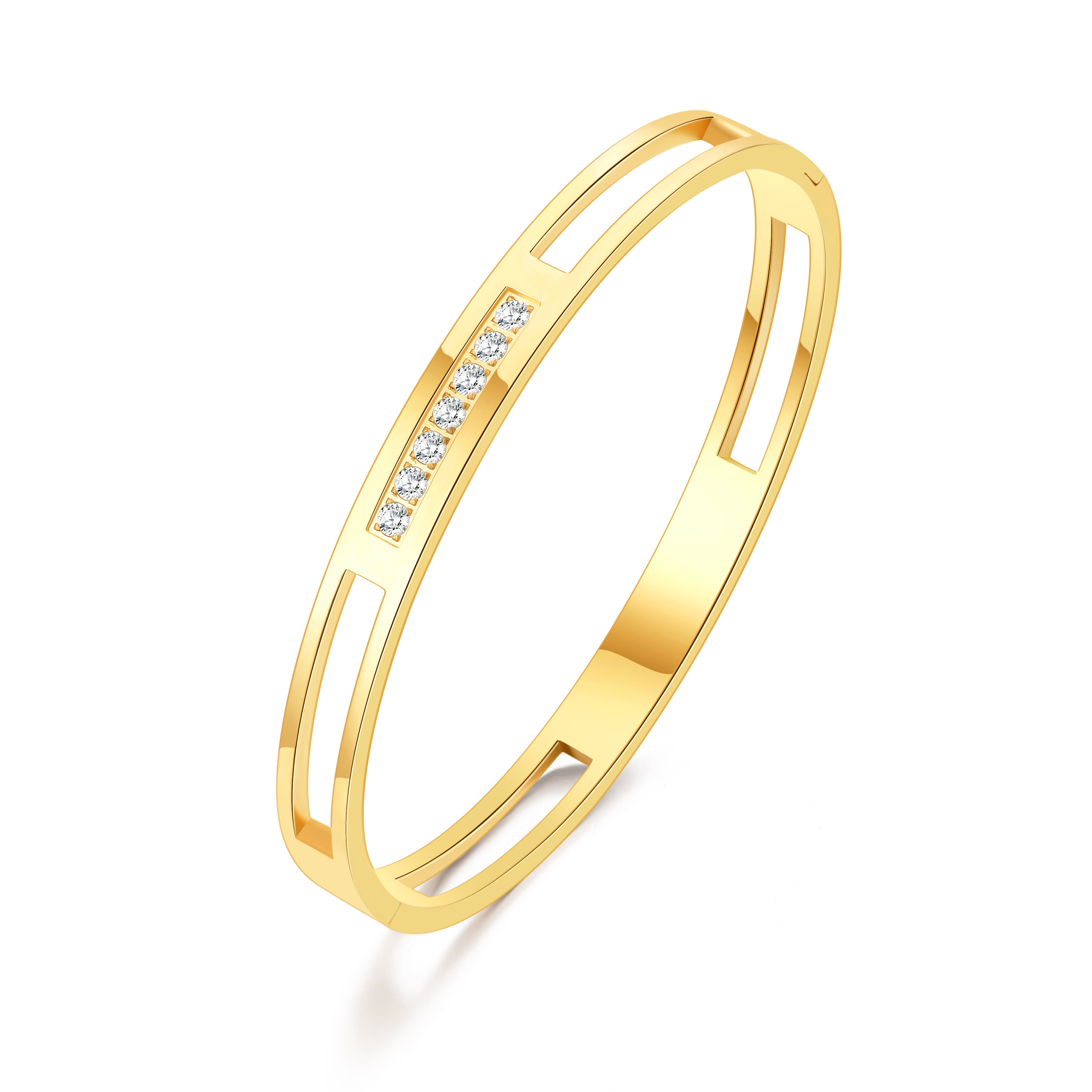 Gold Plated Stainless Steel Channel Bangle Created with Zircondia® Crystals by Philip Jones Jewellery