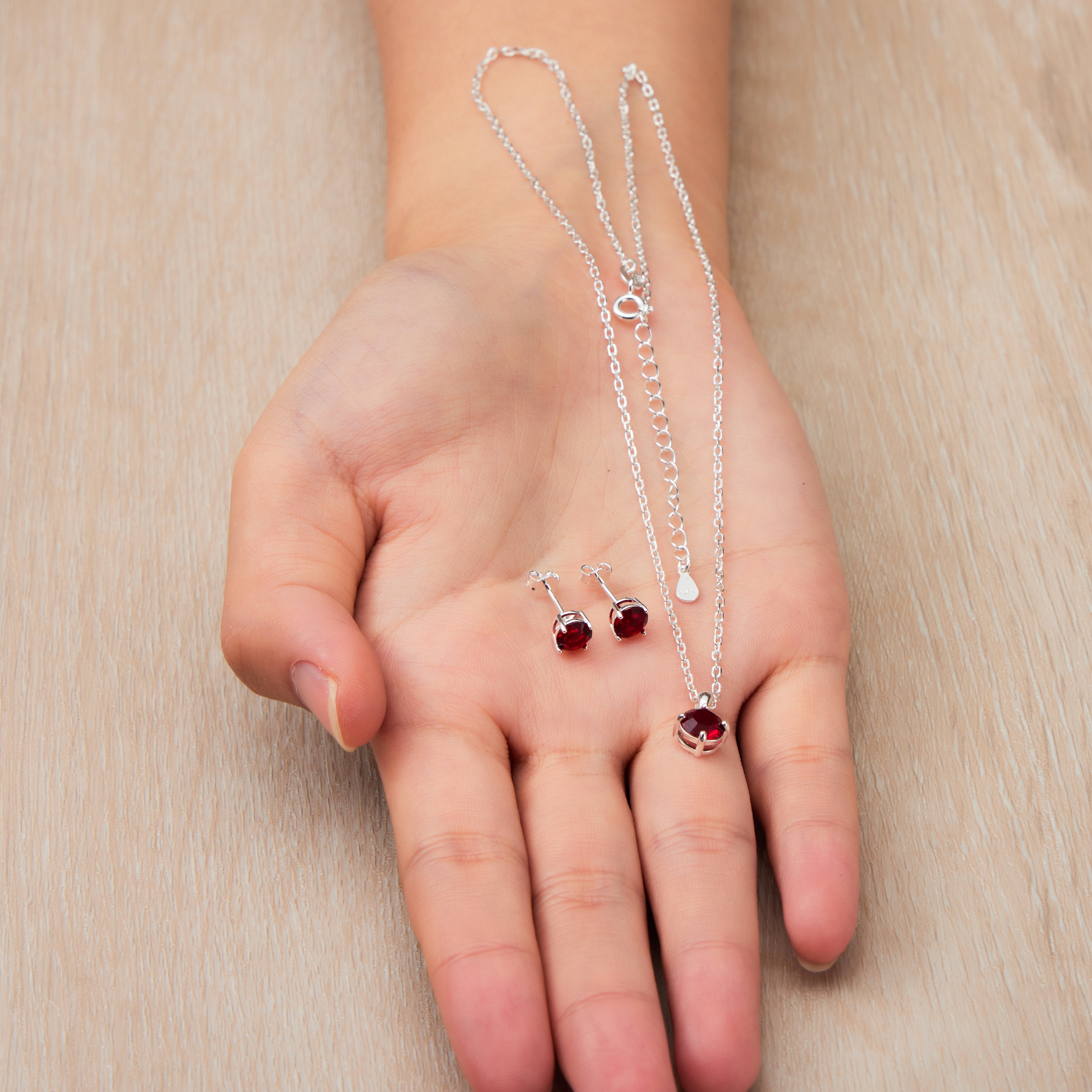 Sterling Silver January (Garnet) Birthstone Necklace & Earrings Set Created with Zircondia® Crystals