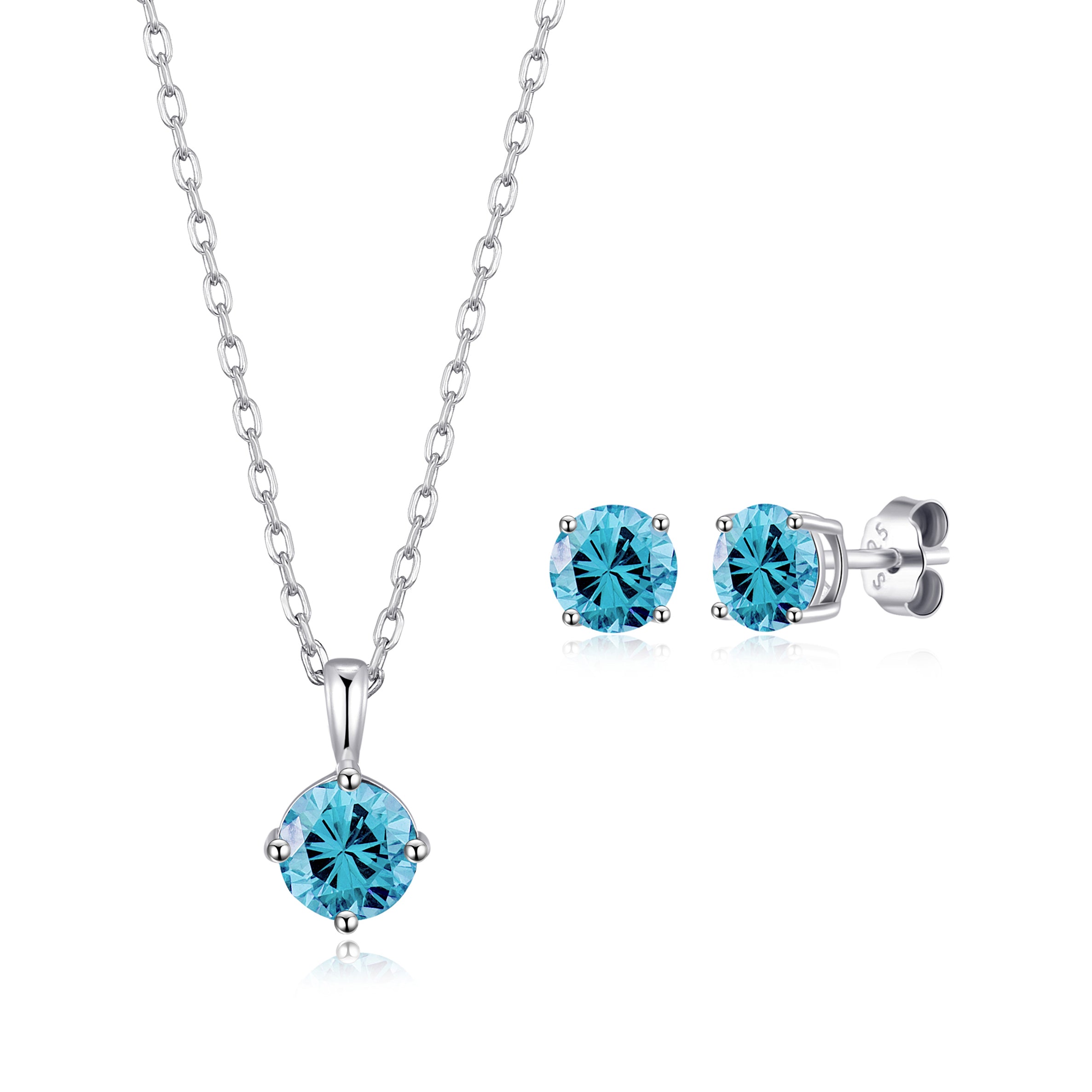 Sterling Silver March (Aquamarine) Birthstone Necklace & Earrings Set Created with Zircondia® Crystals by Philip Jones Jewellery